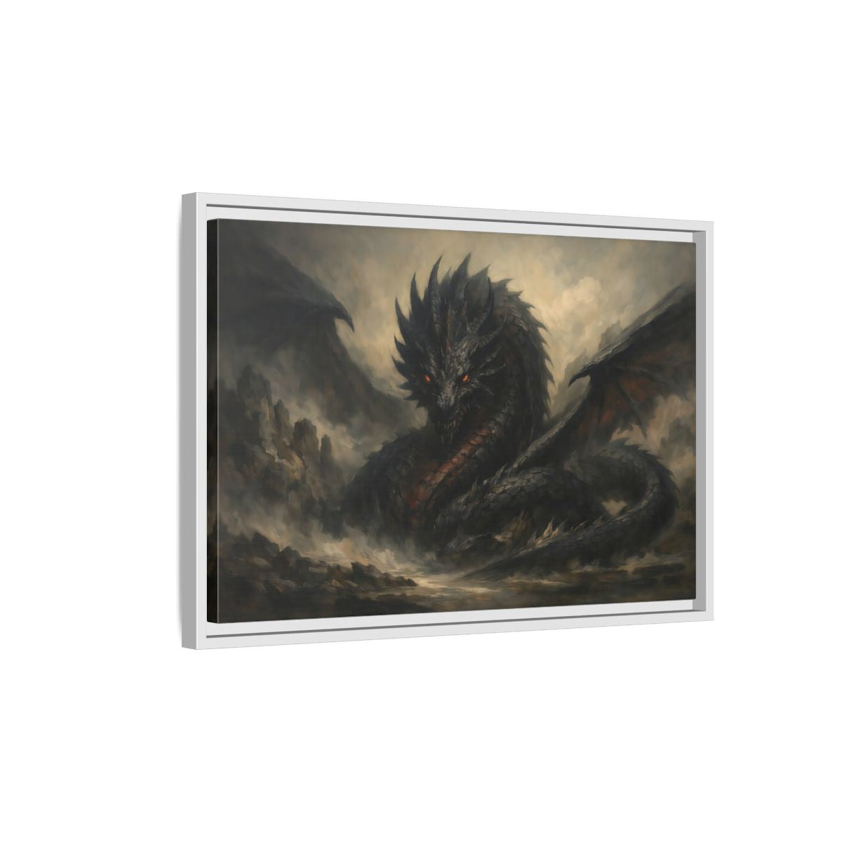 Side Mockup 1. Fairytale Dragon Dark Grey Dragon shown as stretched canvas wall art