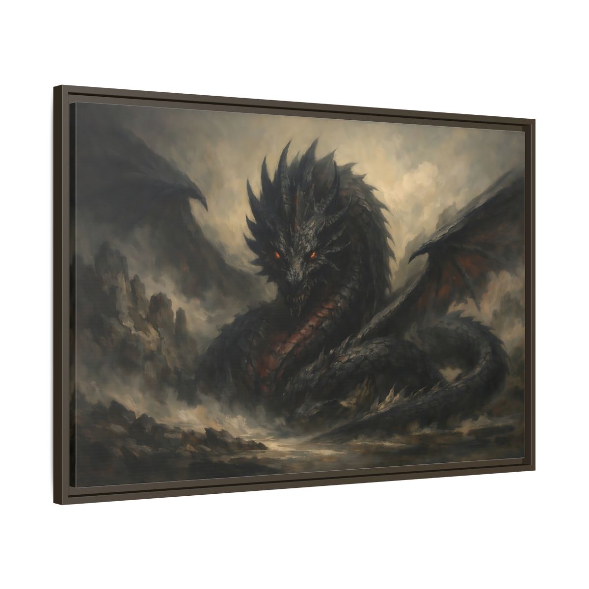 Side Mockup 9. Fairytale Dragon Dark Grey Dragon shown as stretched canvas wall art