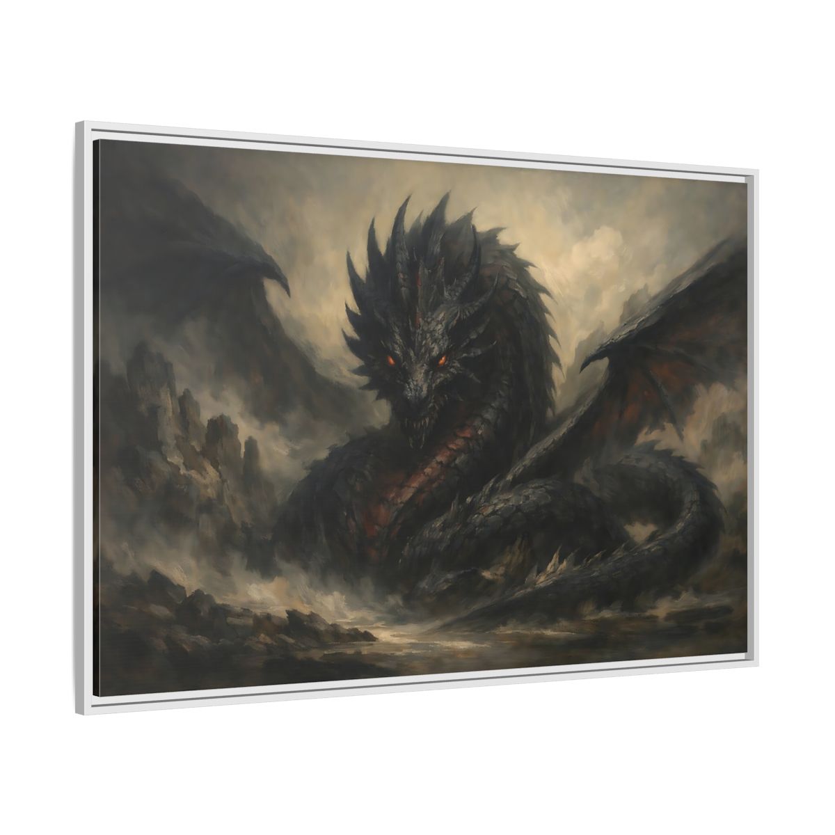 Side Mockup 7. Fairytale Dragon Dark Grey Dragon shown as stretched canvas wall art