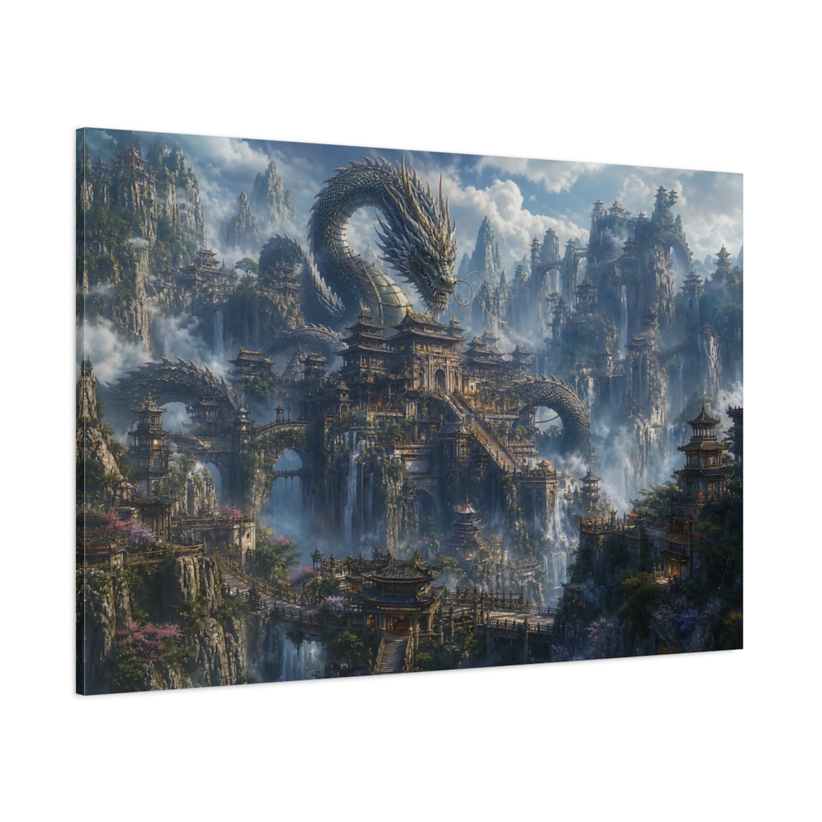 Side Mockup 1. Fairytale Dragon Fantasy Dragon City shown as stretched canvas wall art