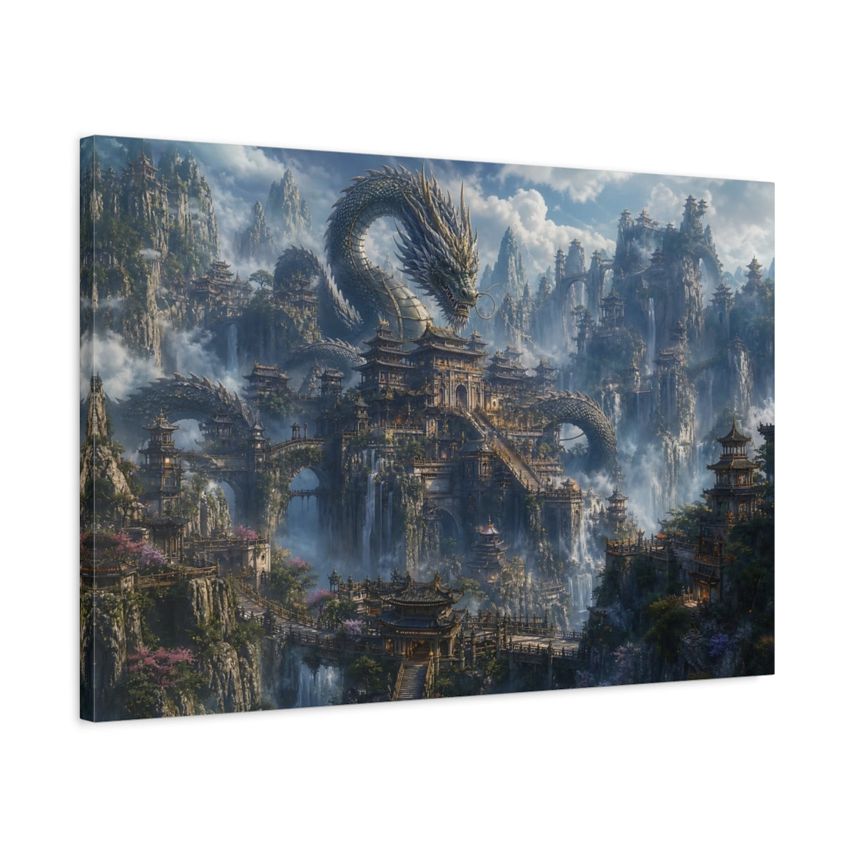 Side Mockup 2. Fairytale Dragon Fantasy Dragon City shown as stretched canvas wall art