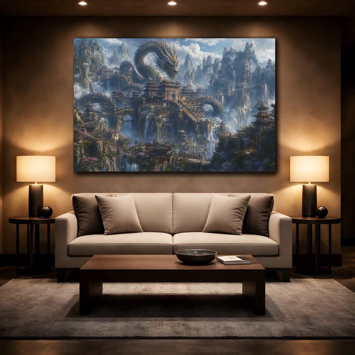 Mockup 2. Fairytale Dragon Fantasy Dragon City shown as stretched canvas wall art