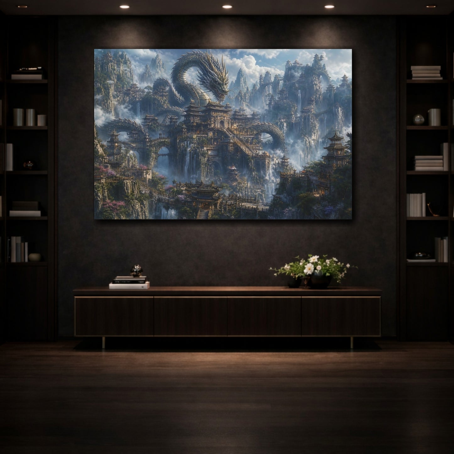 Mockup 3. Fairytale Dragon Fantasy Dragon City shown as stretched canvas wall art