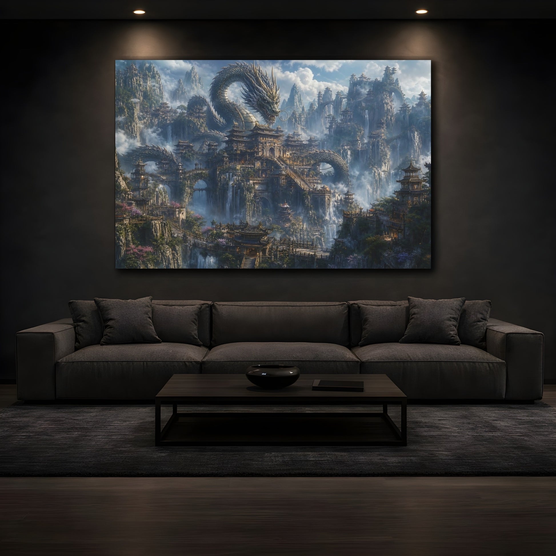 Mockup 4. Fairytale Dragon Fantasy Dragon City shown as stretched canvas wall art
