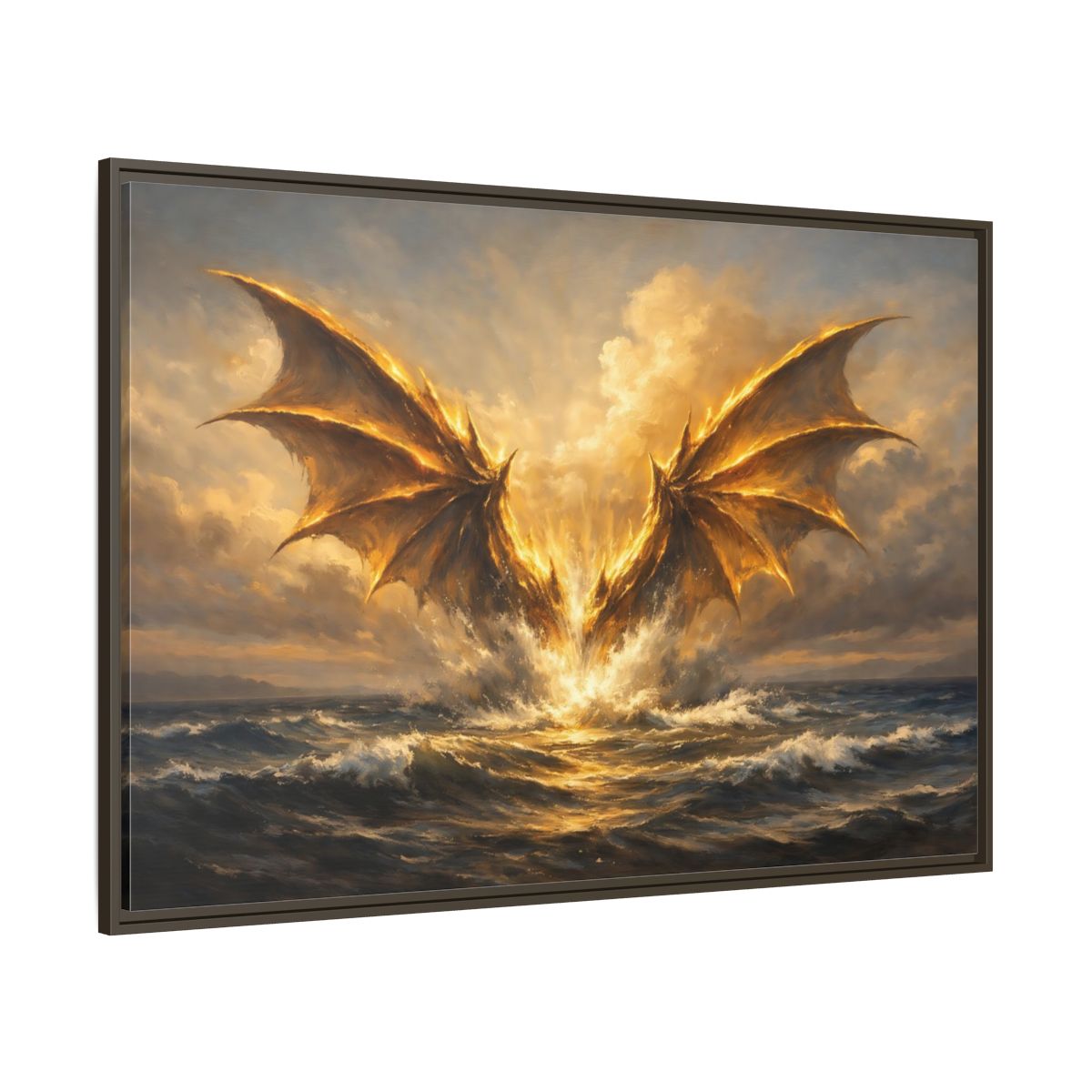 Main Mockup. Fairytale Dragon Golden Dragon shown as stretched canvas wall art
