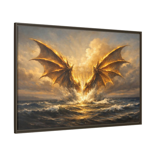 Main Mockup. Fairytale Dragon Golden Dragon shown as stretched canvas wall art
