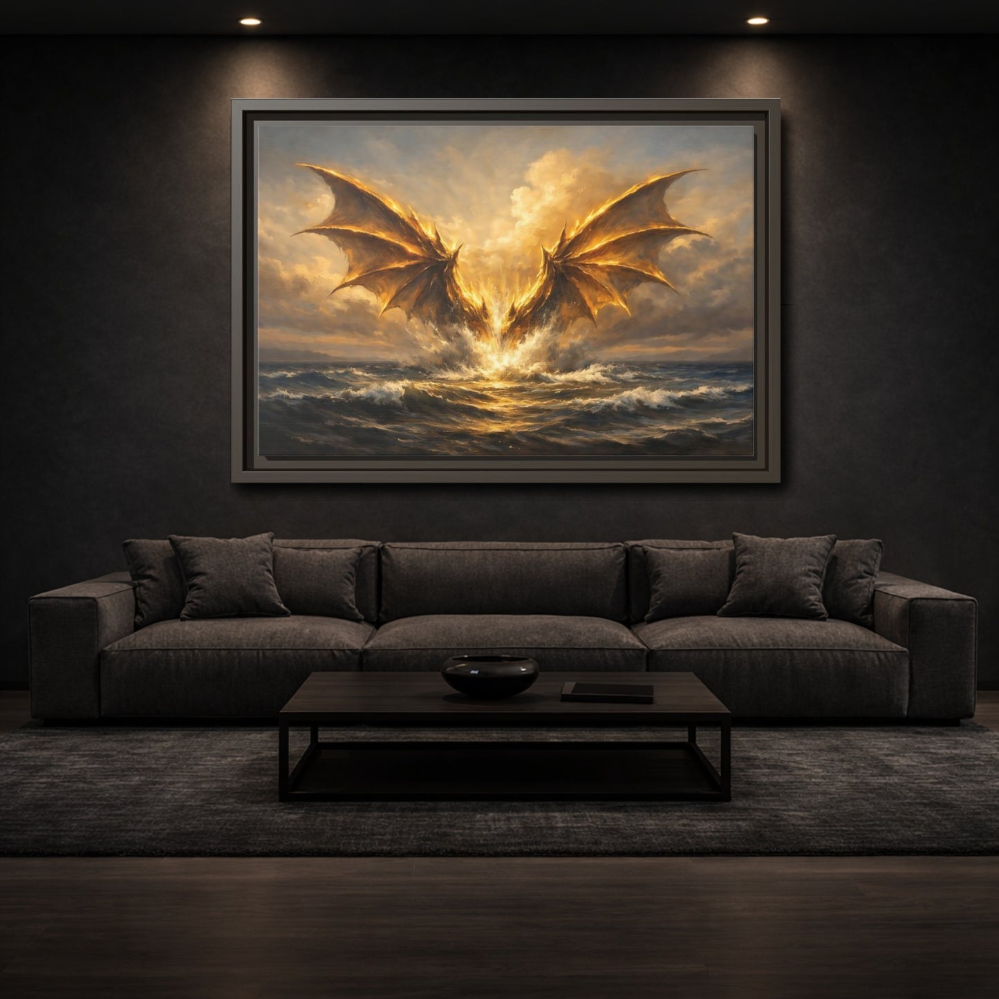 Mockup 2. Fairytale Dragon Golden Dragon shown as stretched canvas wall art
