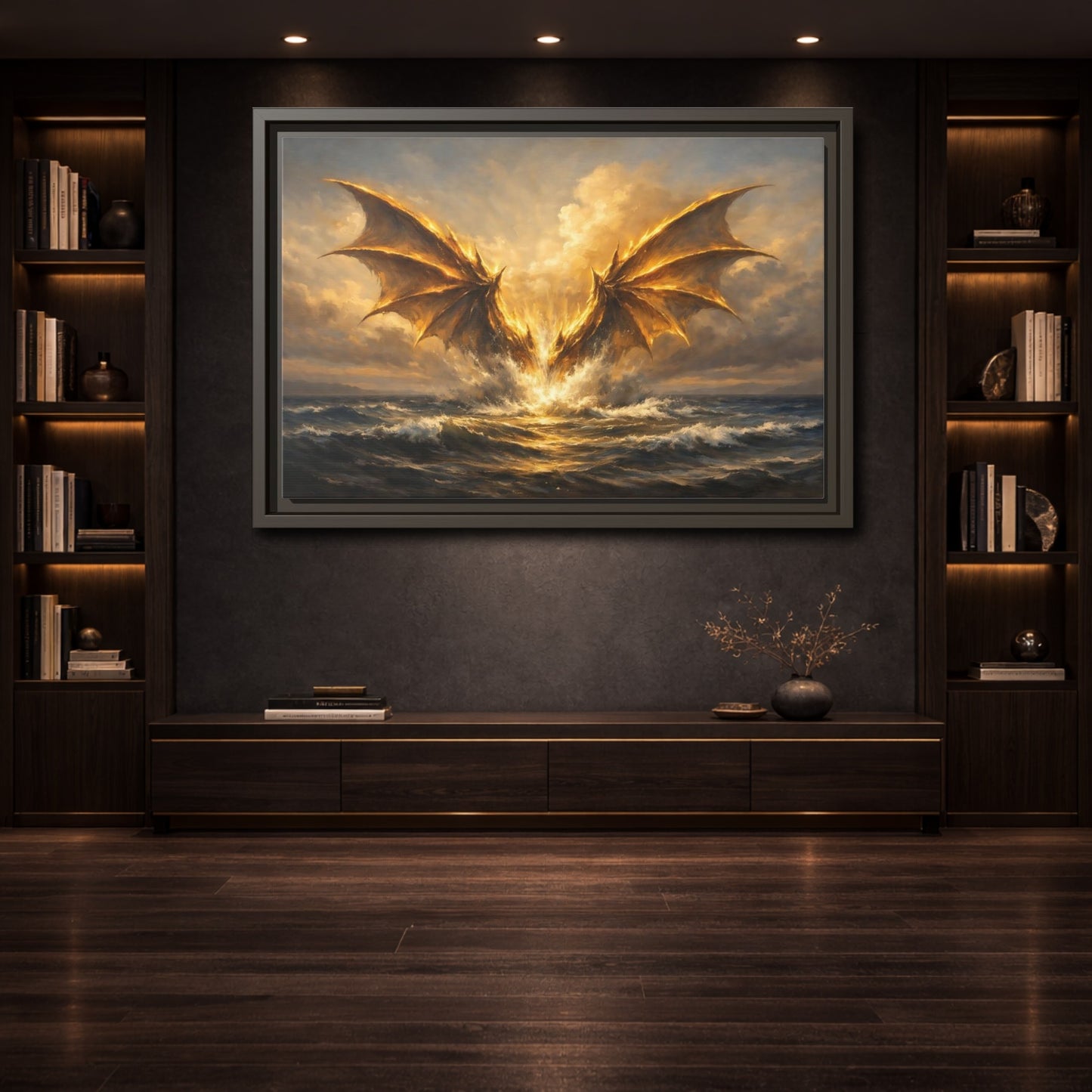 Mockup 3. Fairytale Dragon Golden Dragon shown as stretched canvas wall art