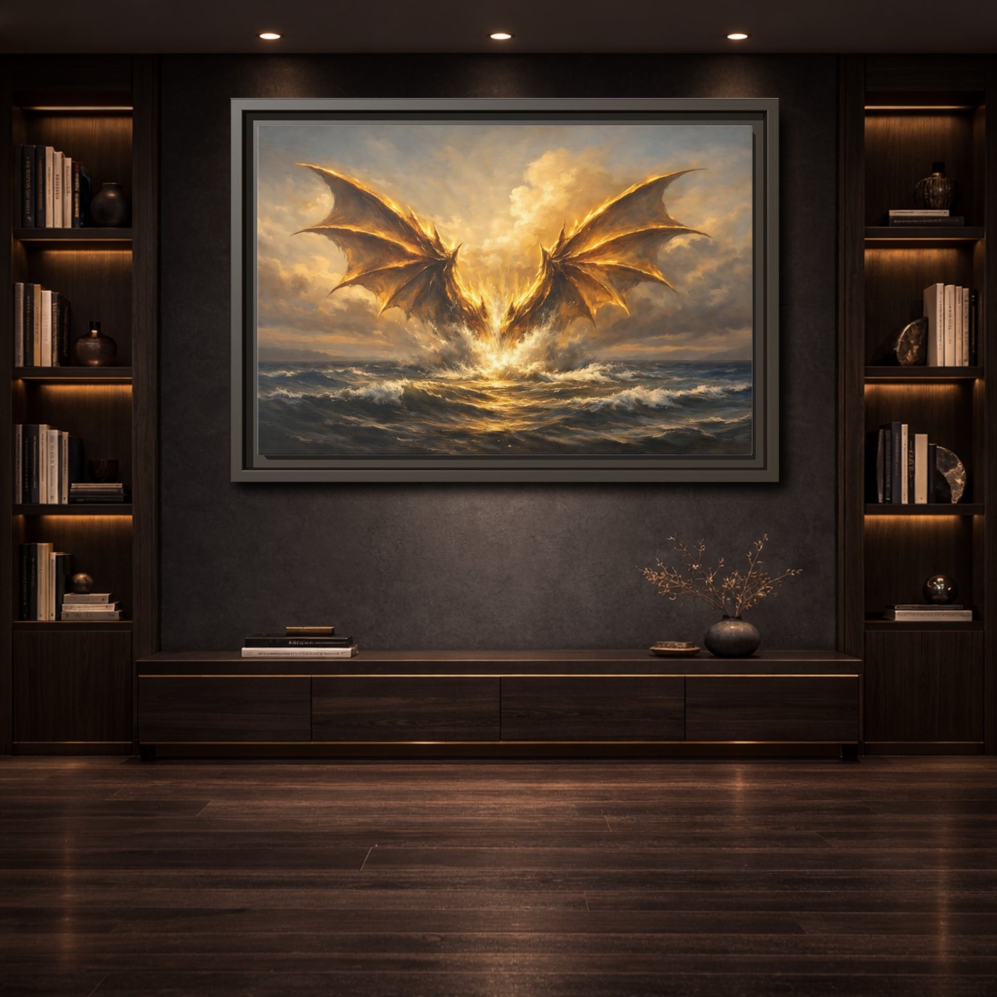 Mockup 3. Fairytale Dragon Golden Dragon shown as stretched canvas wall art