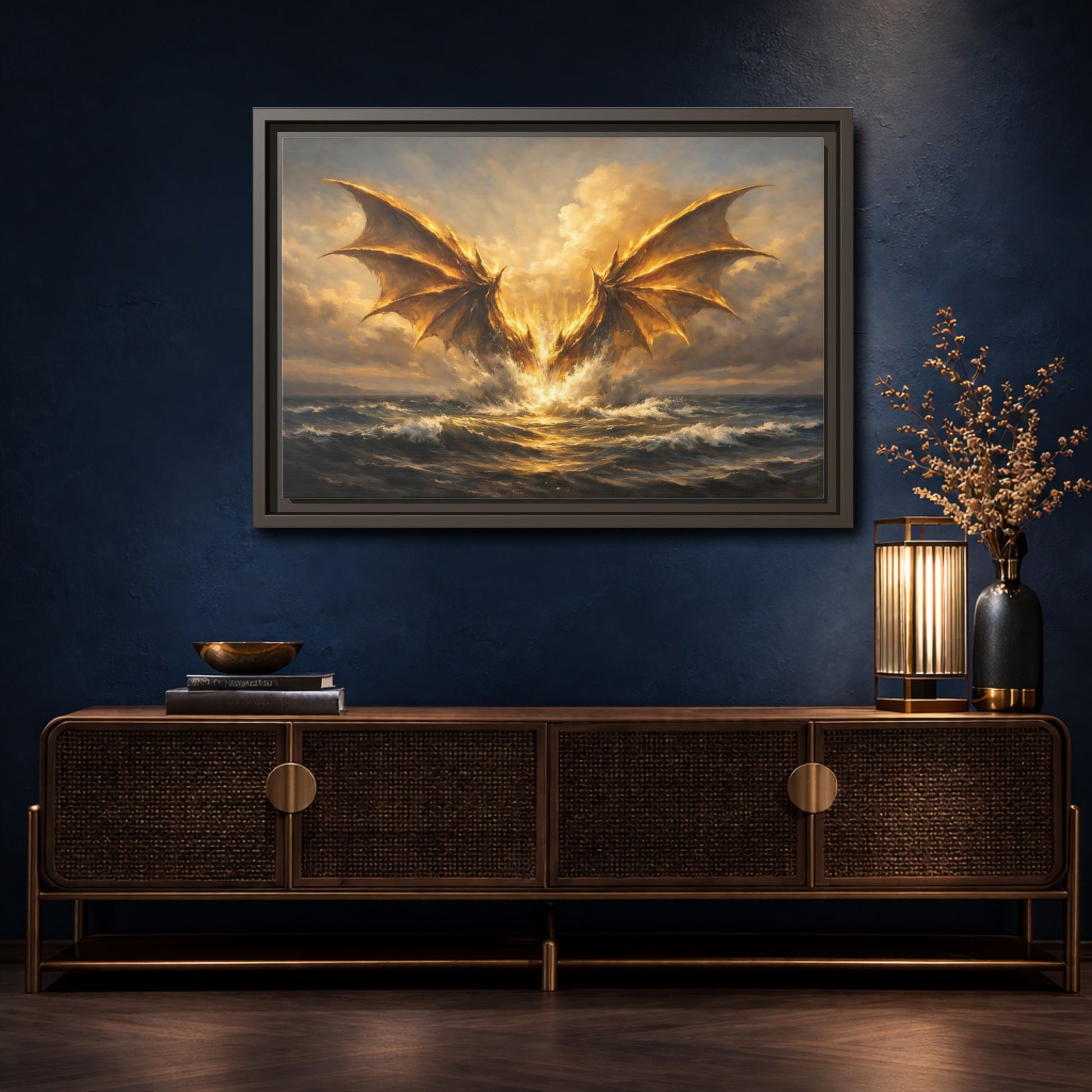 Mockup 4. Fairytale Dragon Golden Dragon shown as stretched canvas wall art