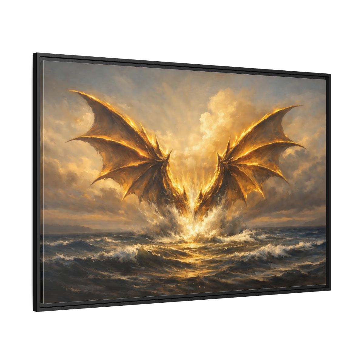Side Mockup 12. Fairytale Dragon Golden Dragon shown as stretched canvas wall art