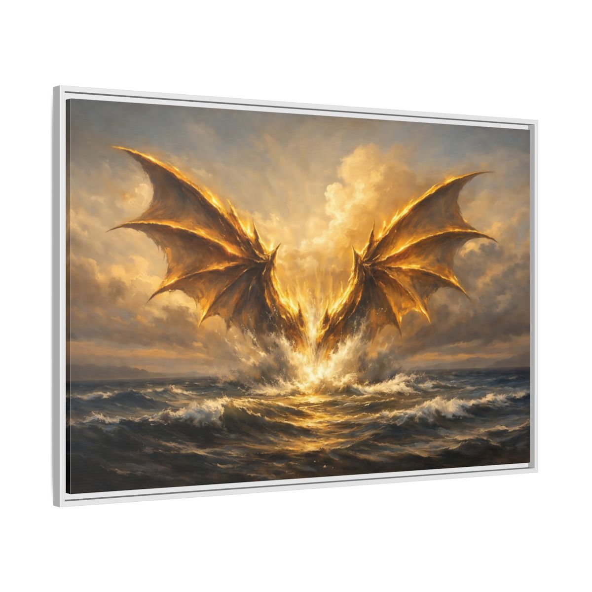 Side Mockup 7. Fairytale Dragon Golden Dragon shown as stretched canvas wall art
