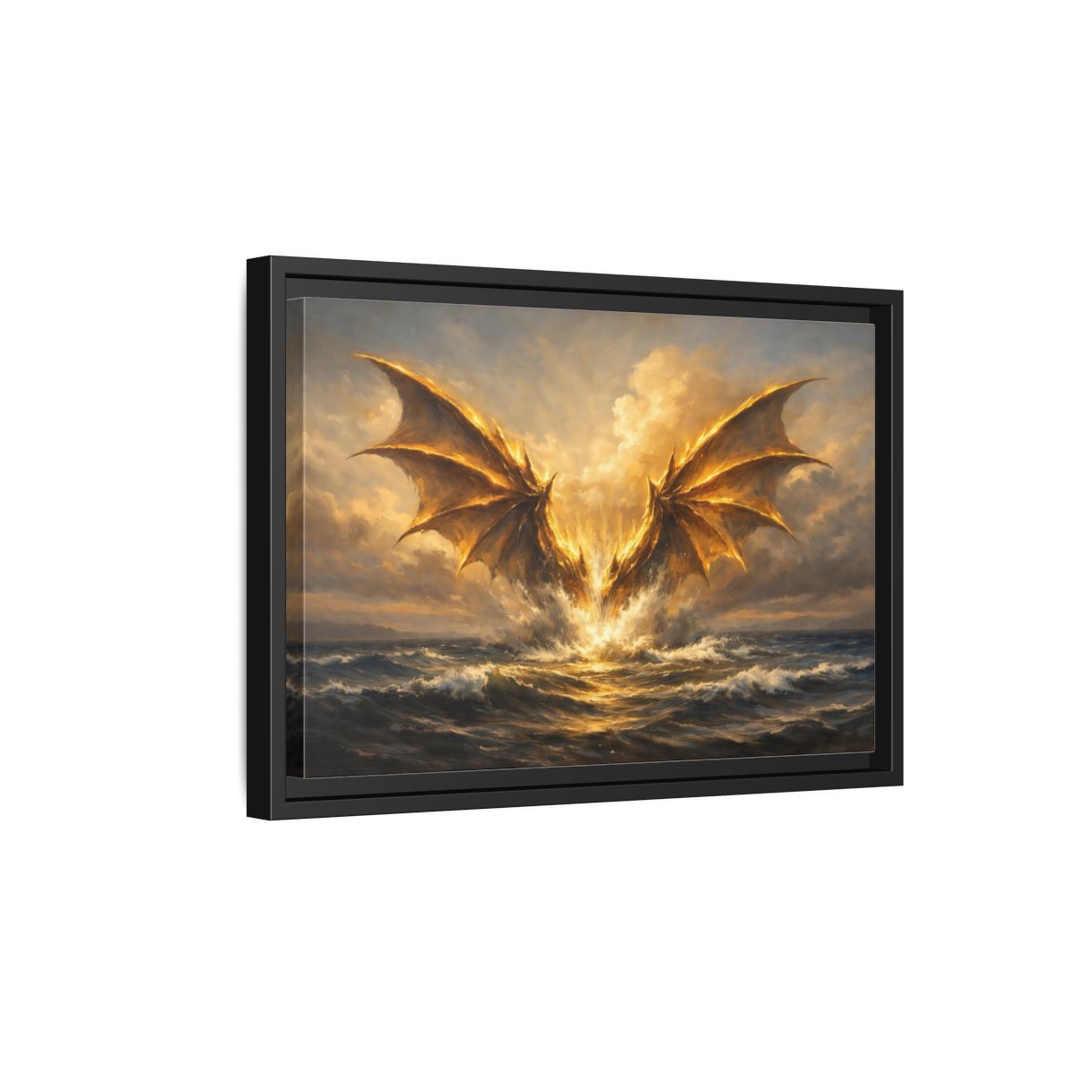Side Mockup 6. Fairytale Dragon Golden Dragon shown as stretched canvas wall art