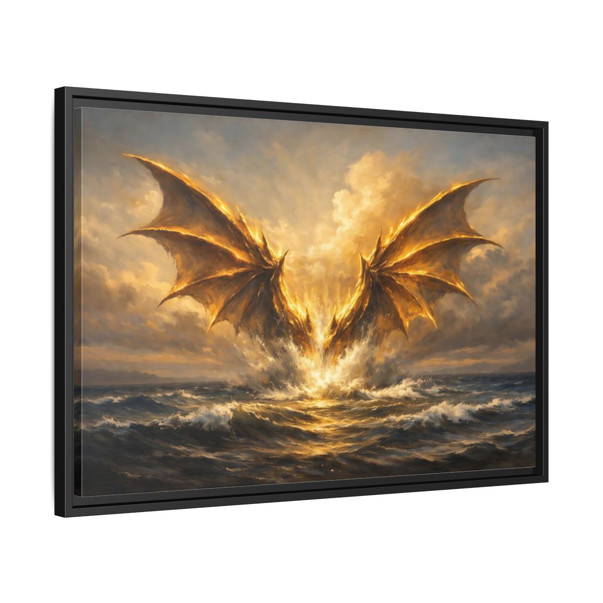 Side Mockup 14. Fairytale Dragon Golden Dragon shown as stretched canvas wall art