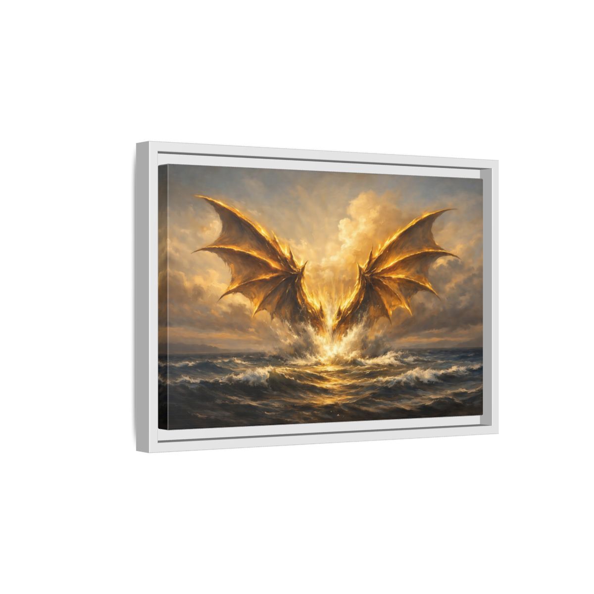 Side Mockup 4. Fairytale Dragon Golden Dragon shown as stretched canvas wall art