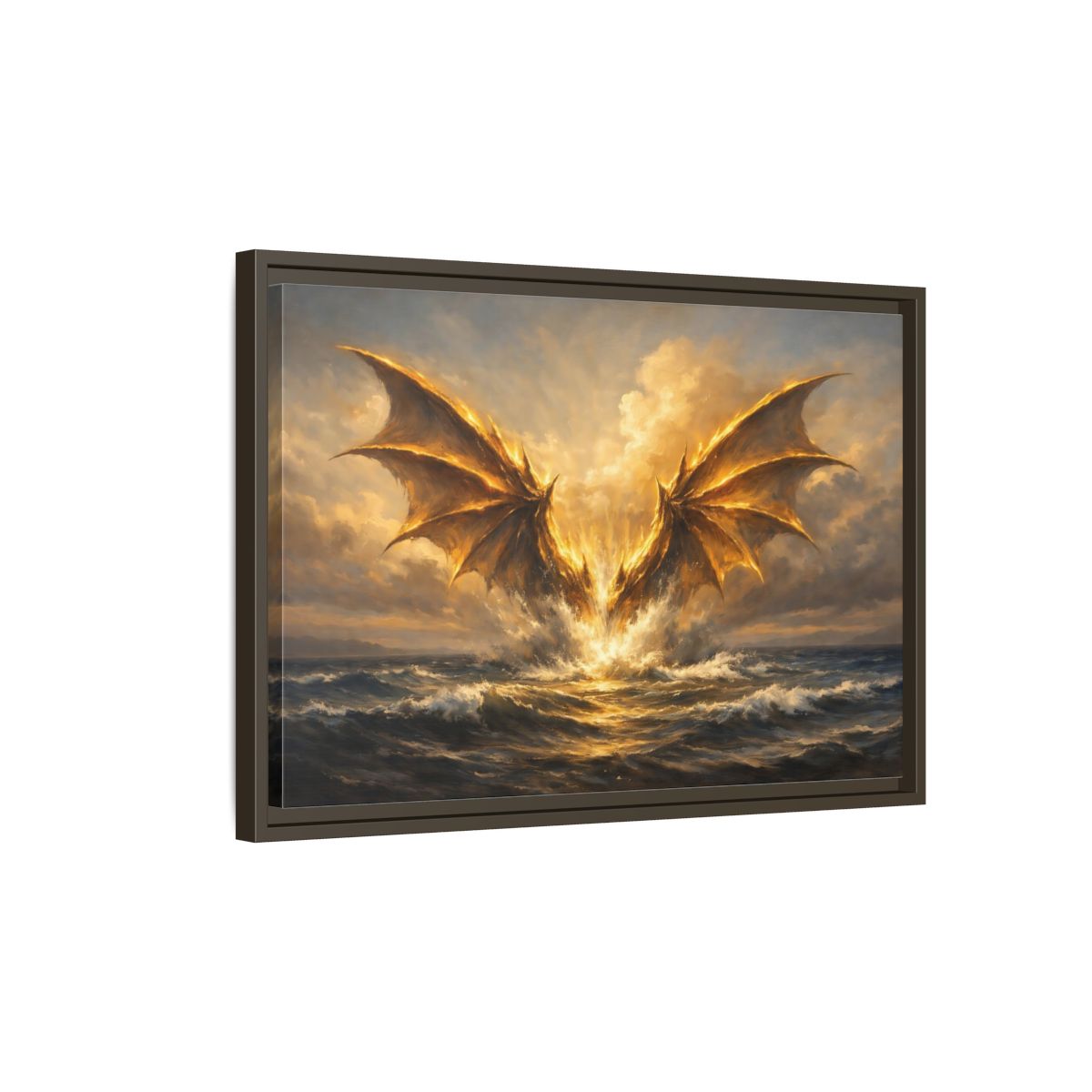 Side Mockup 2. Fairytale Dragon Golden Dragon shown as stretched canvas wall art