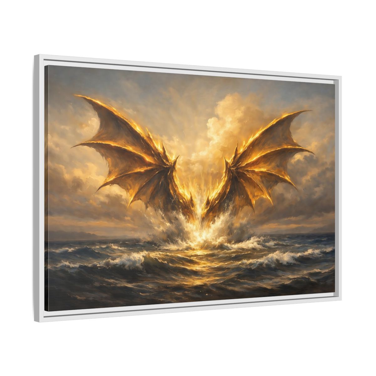 Side Mockup 8. Fairytale Dragon Golden Dragon shown as stretched canvas wall art