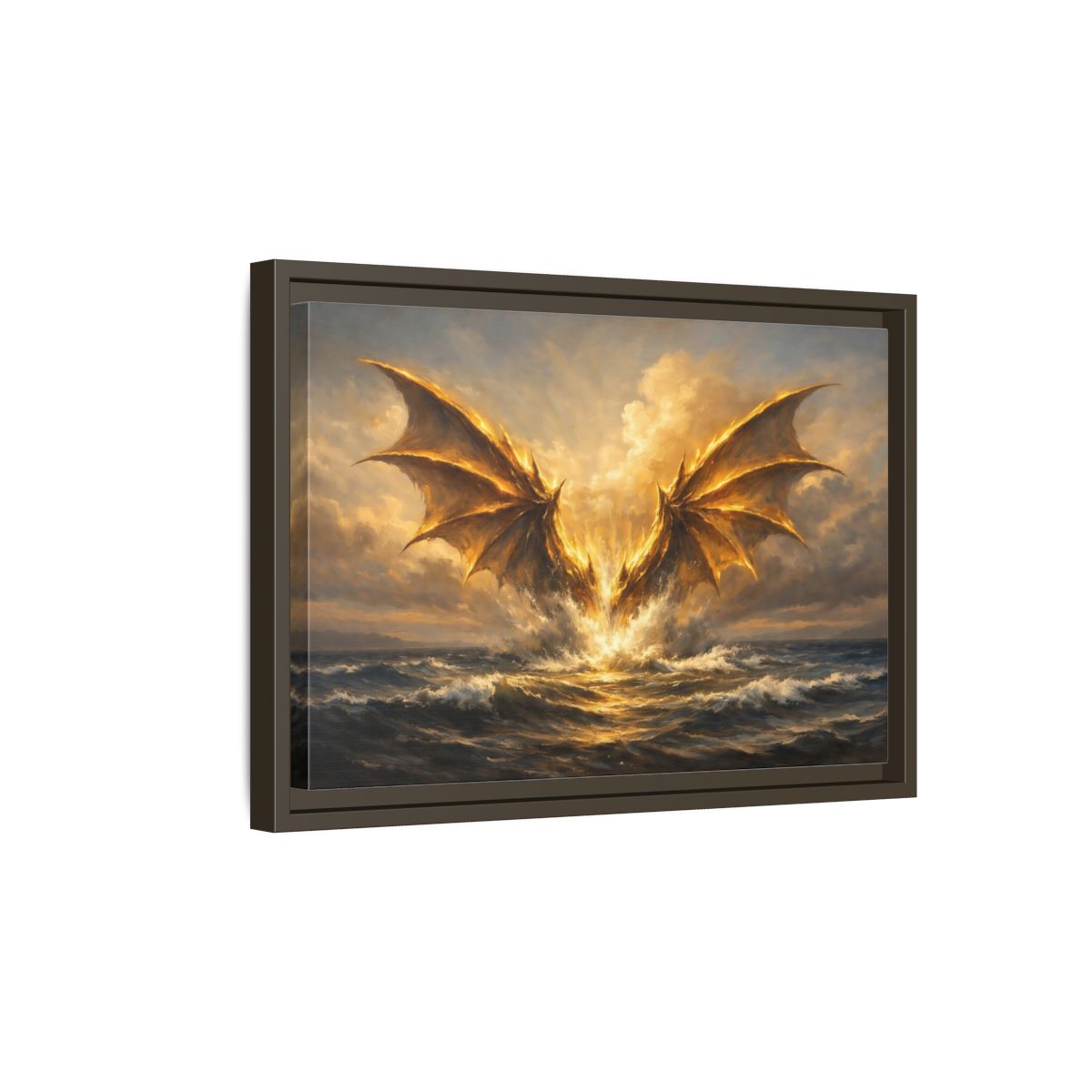 Side Mockup 5. Fairytale Dragon Golden Dragon shown as stretched canvas wall art