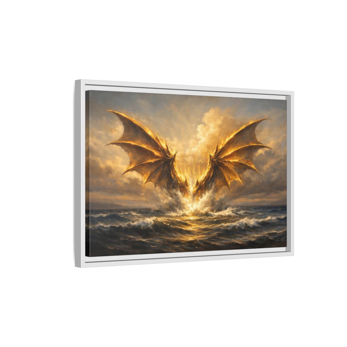 Side Mockup 1. Fairytale Dragon Golden Dragon shown as stretched canvas wall art