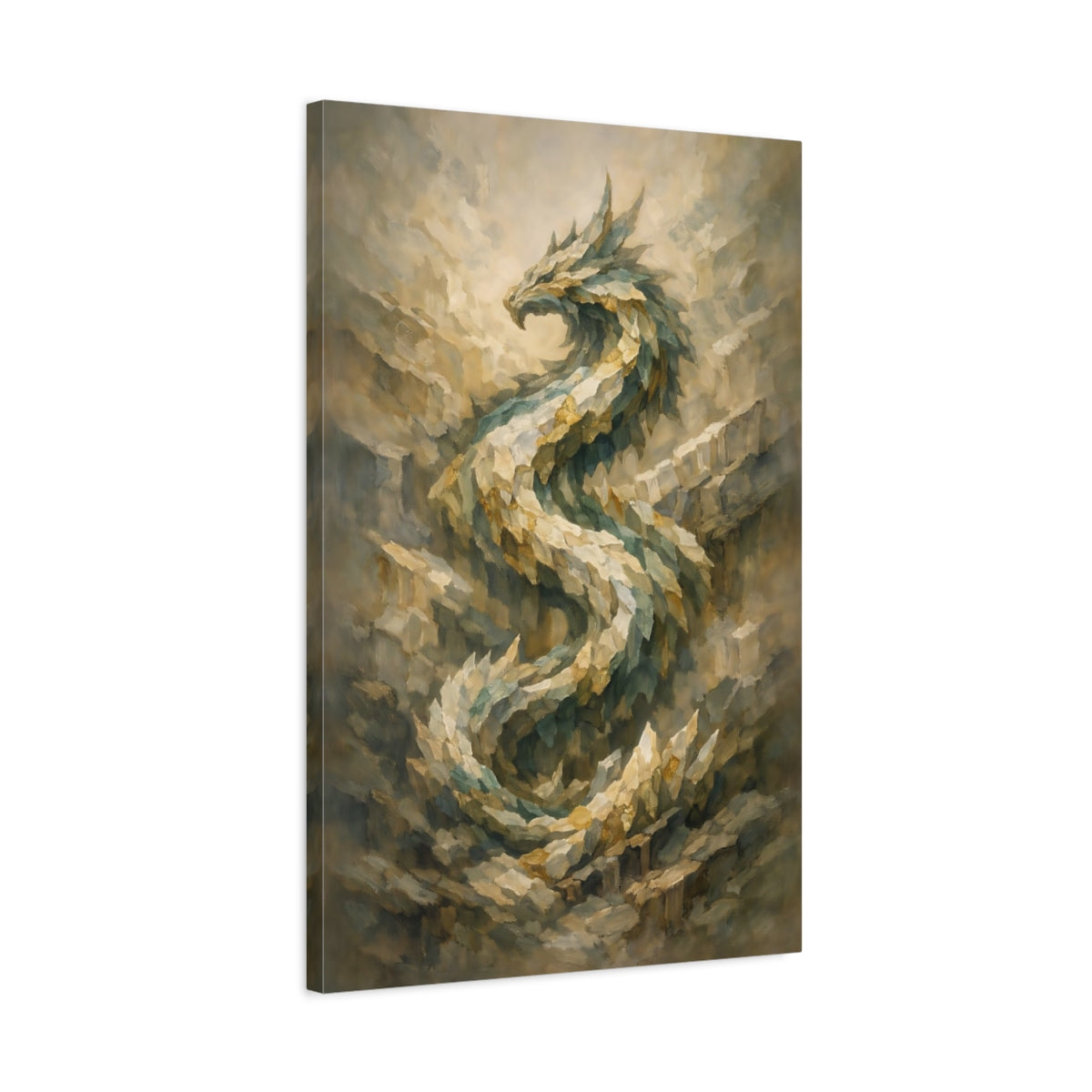 Side Mockup 2. Fairytale Dragon Green And Gold Dragon shown as stretched canvas wall art