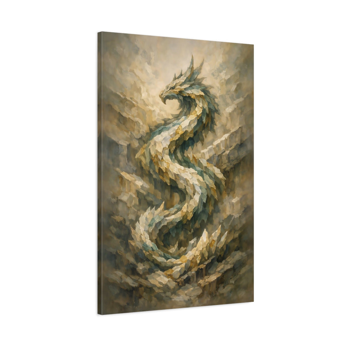 Side Mockup 1. Fairytale Dragon Green And Gold Dragon shown as stretched canvas wall art