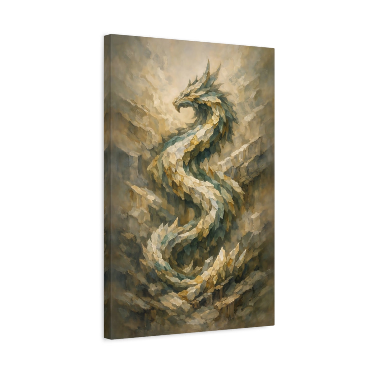 Side Mockup 3. Fairytale Dragon Green And Gold Dragon shown as stretched canvas wall art