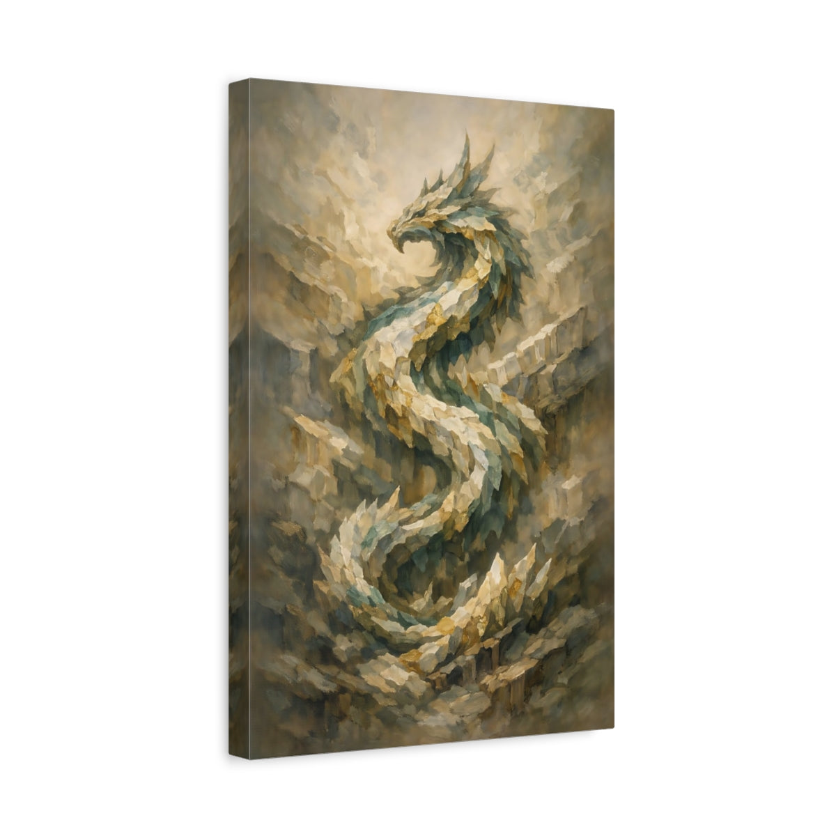 Side Mockup 4. Fairytale Dragon Green And Gold Dragon shown as stretched canvas wall art