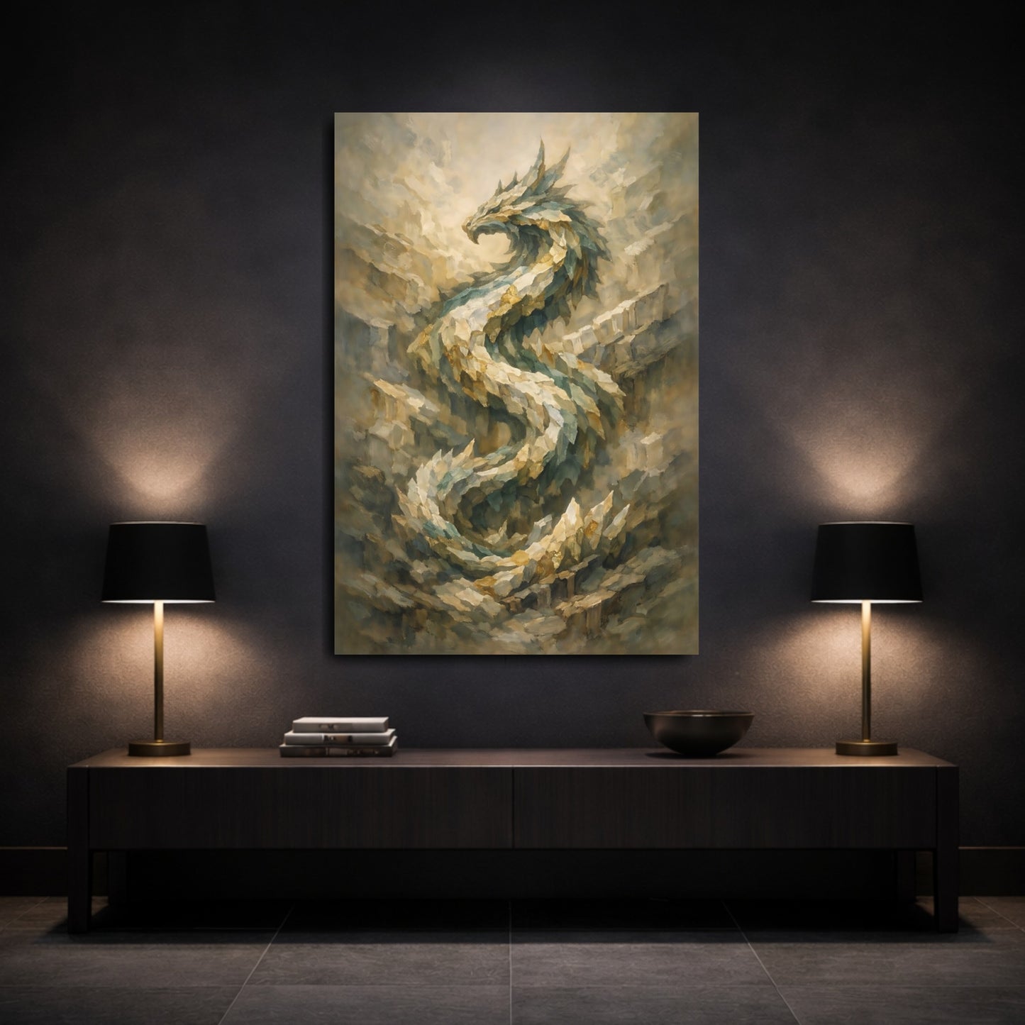 Mockup 2. Fairytale Dragon Green And Gold Dragon shown as stretched canvas wall art