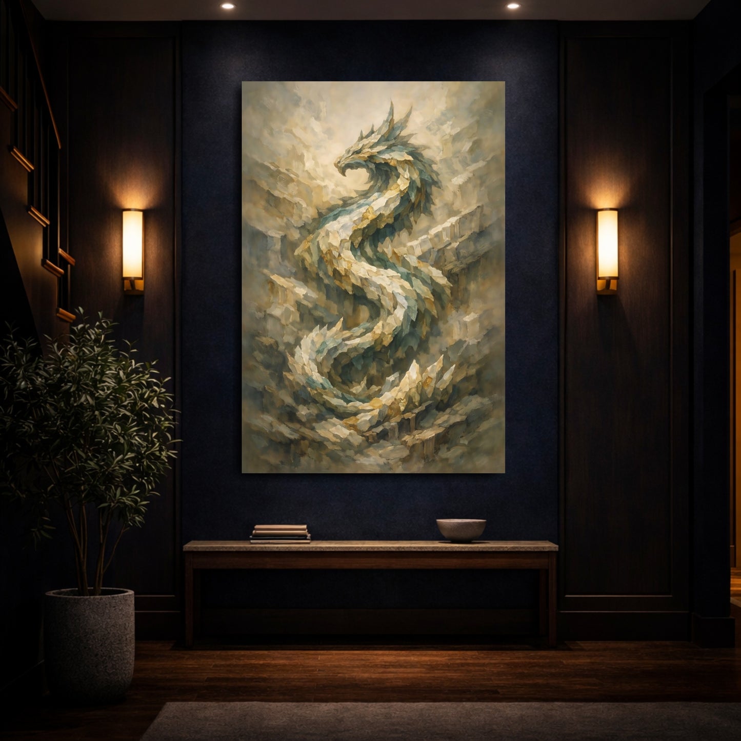 Mockup 3. Fairytale Dragon Green And Gold Dragon shown as stretched canvas wall art