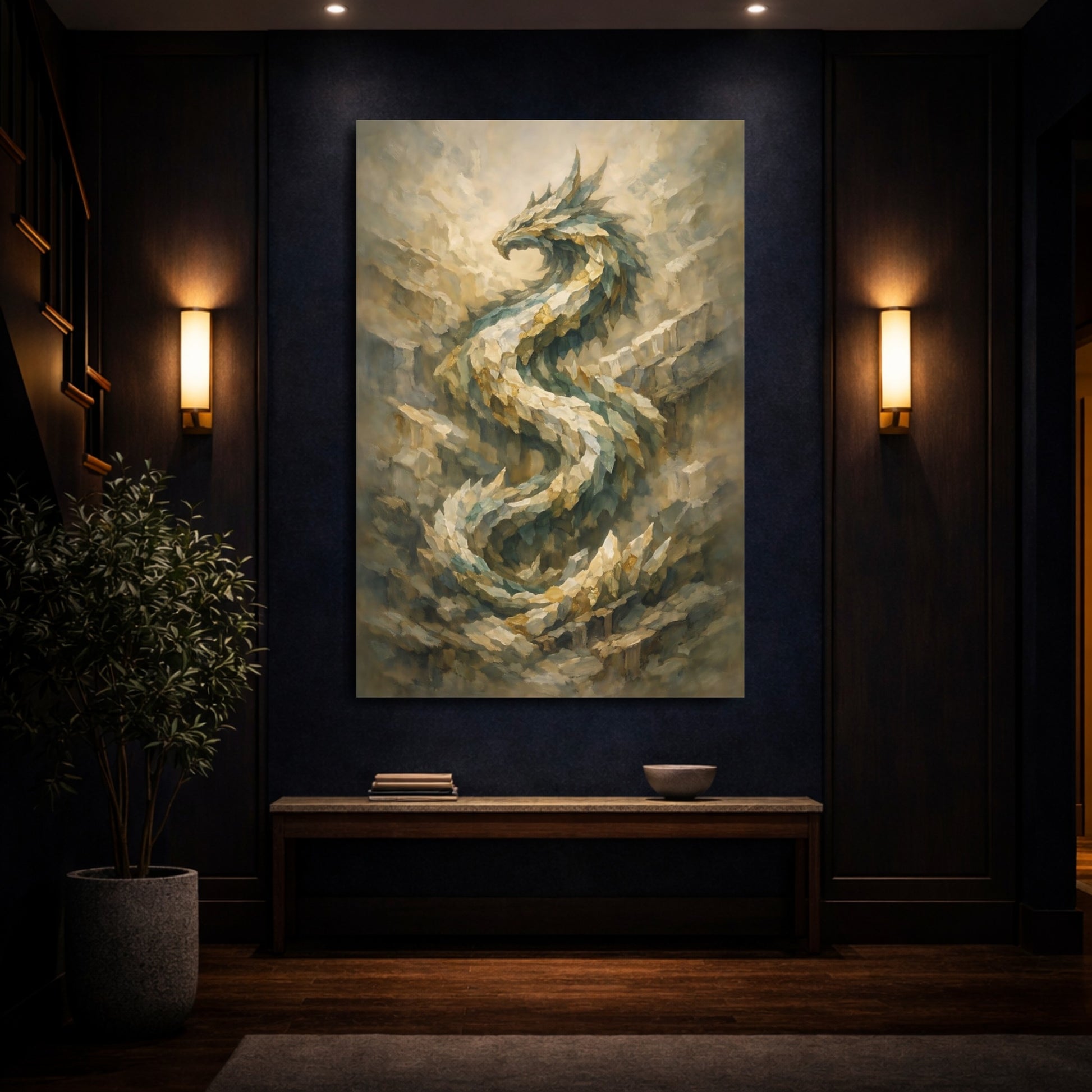 Mockup 3. Fairytale Dragon Green And Gold Dragon shown as stretched canvas wall art