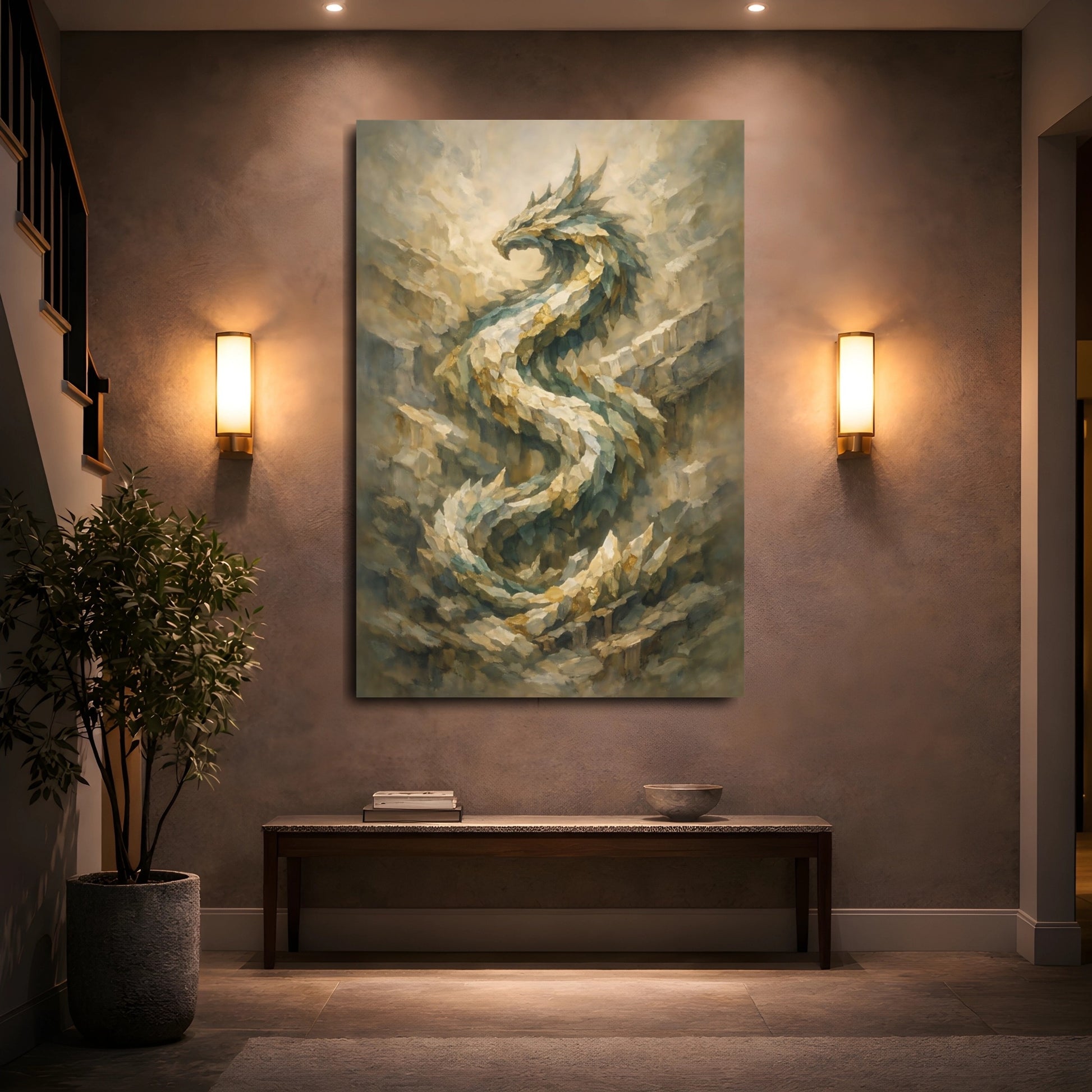 Mockup 4. Fairytale Dragon Green And Gold Dragon shown as stretched canvas wall art