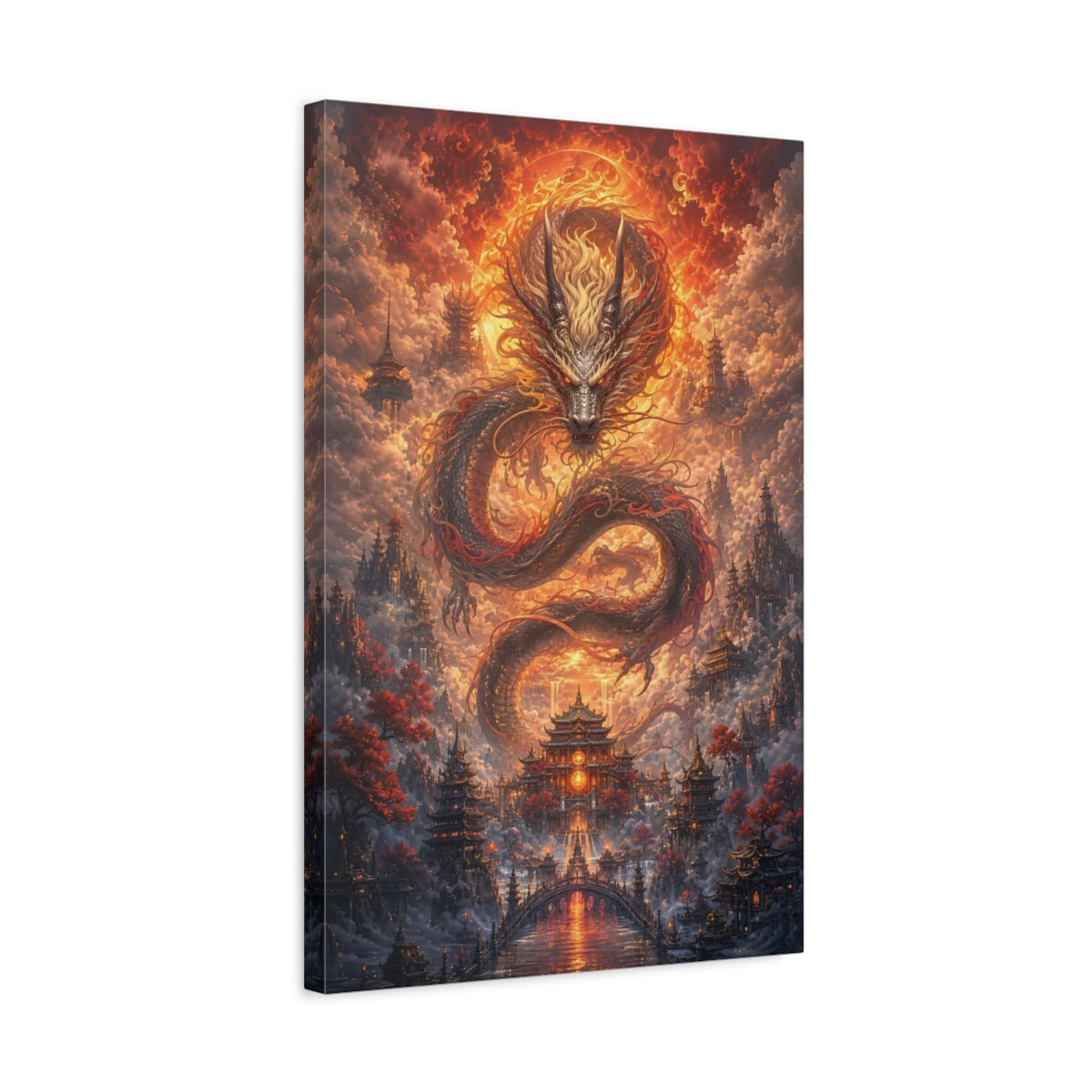 Side Mockup 3. Fairytale Dragon Orange Dragon City shown as stretched canvas wall art