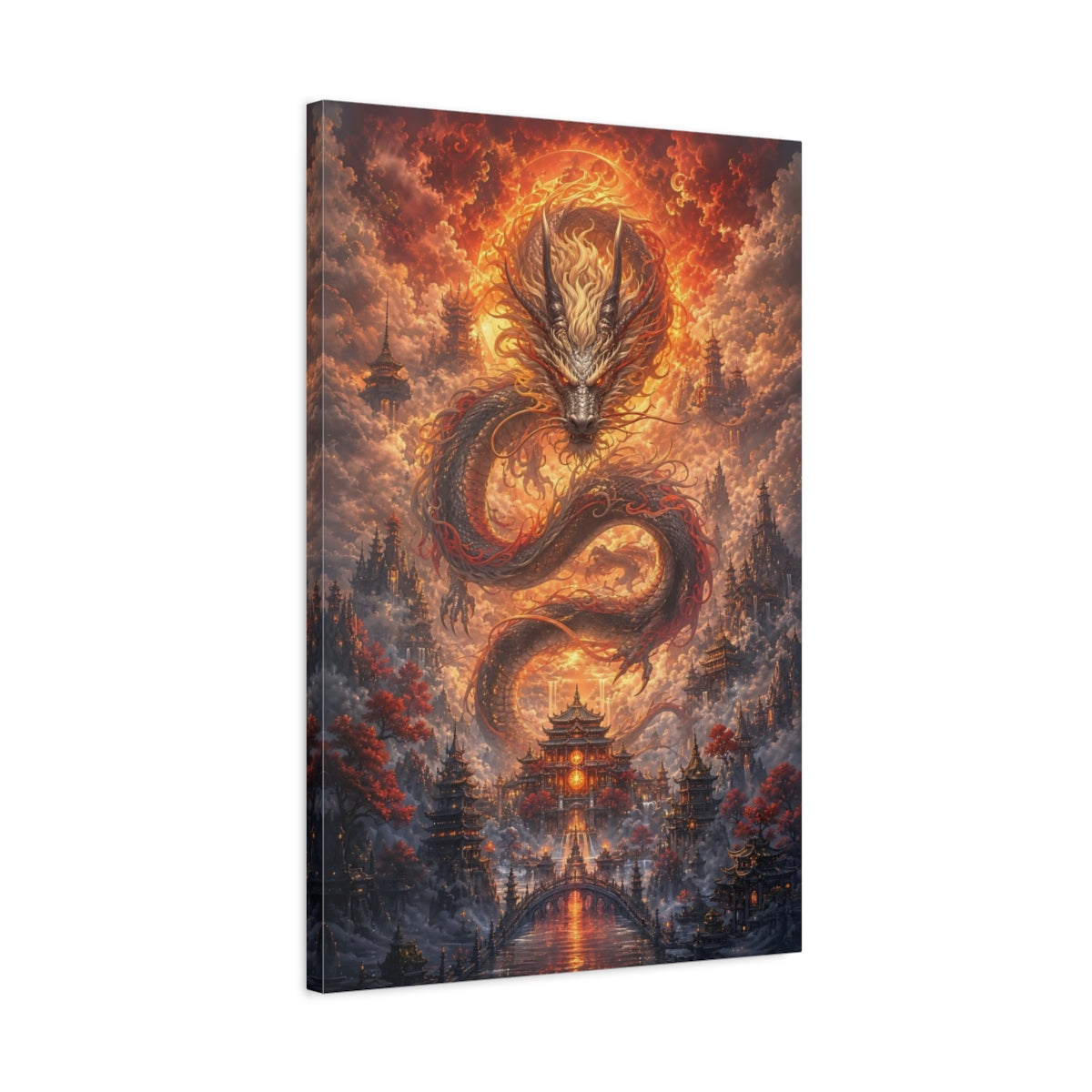 Side Mockup 2. Fairytale Dragon Orange Dragon City shown as stretched canvas wall art