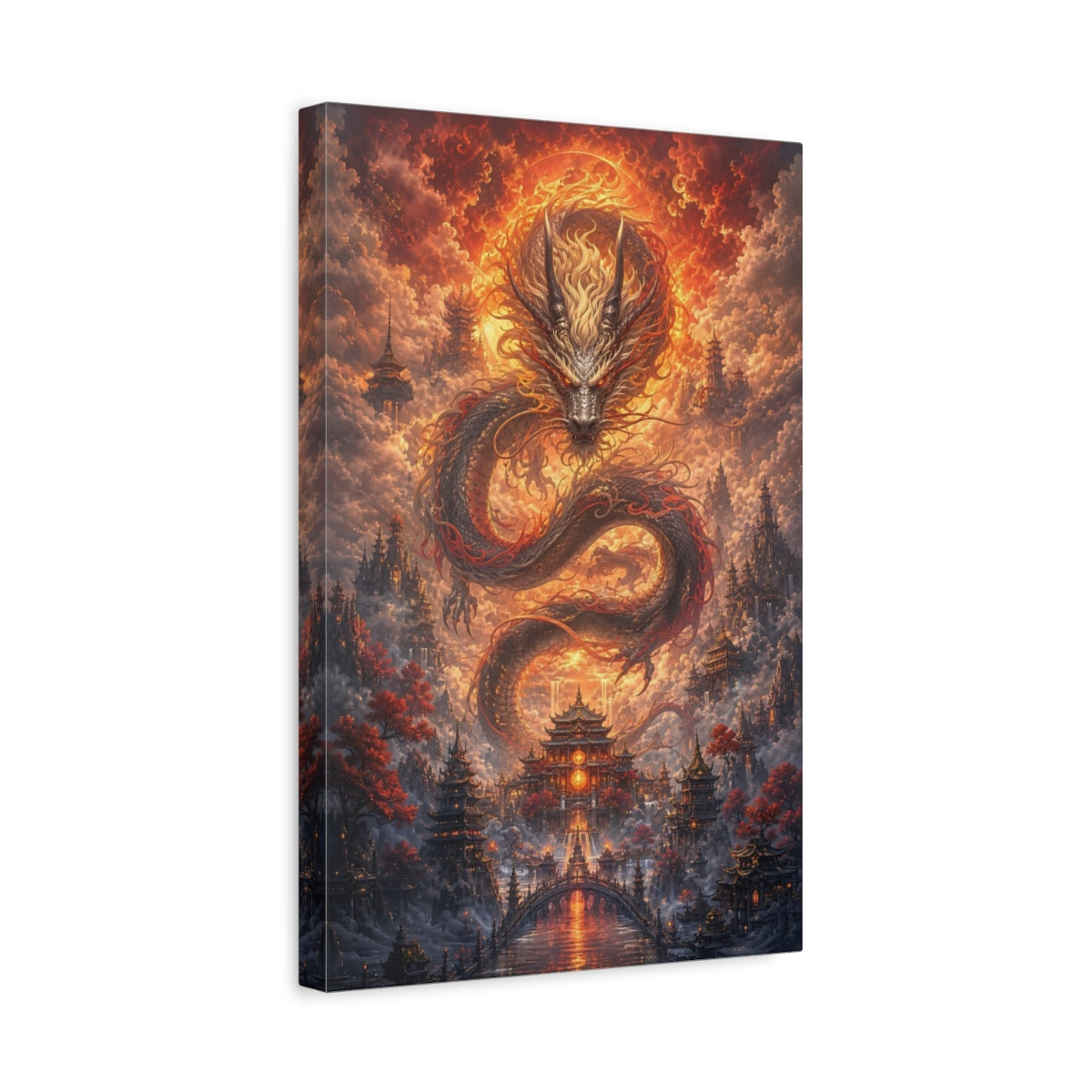 Side Mockup 4. Fairytale Dragon Orange Dragon City shown as stretched canvas wall art