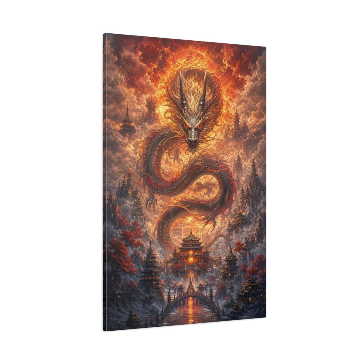 Side Mockup 1. Fairytale Dragon Orange Dragon City shown as stretched canvas wall art