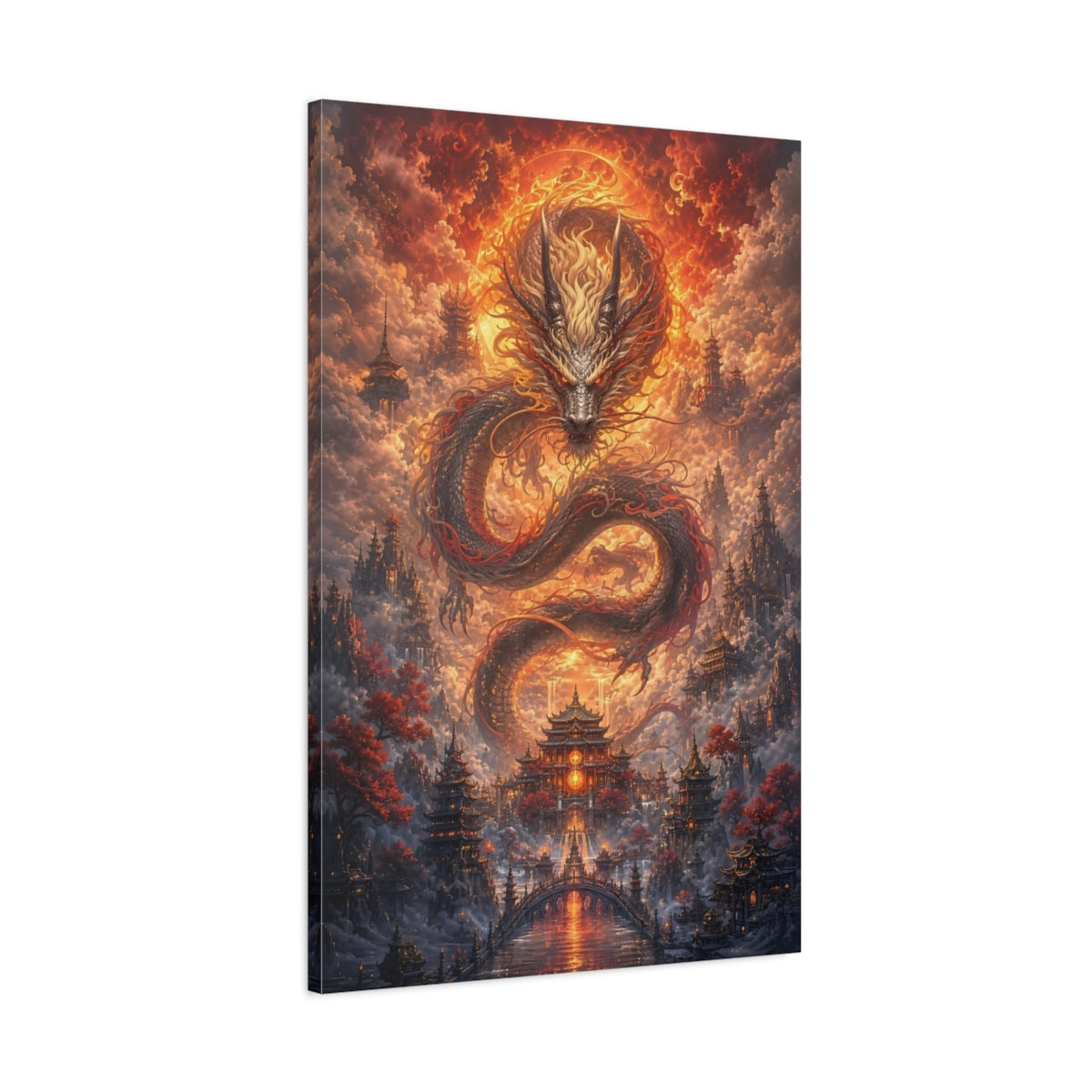 Main Mockup. Fairytale Dragon Orange Dragon City shown as stretched canvas wall art