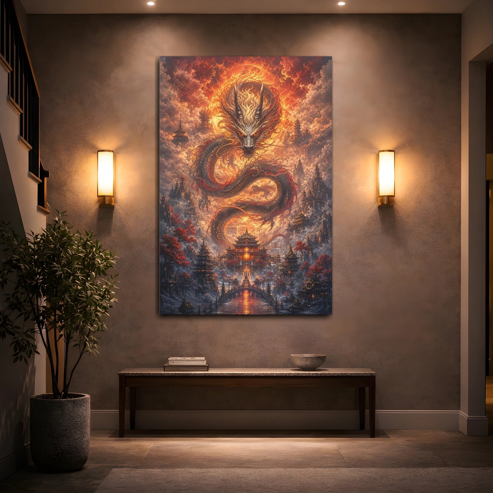Mockup 2. Fairytale Dragon Orange Dragon City shown as stretched canvas wall art