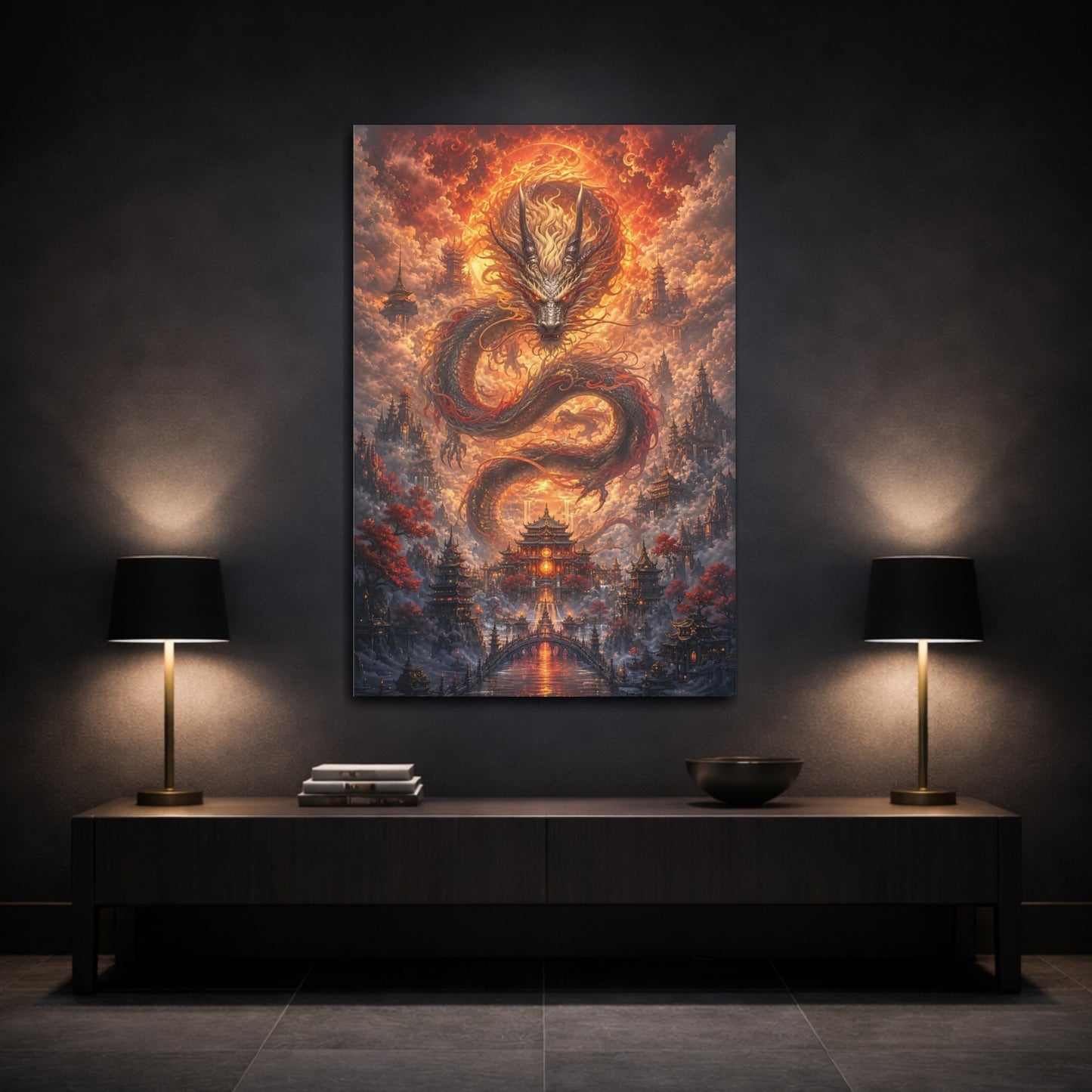 Mockup 3. Fairytale Dragon Orange Dragon City shown as stretched canvas wall art