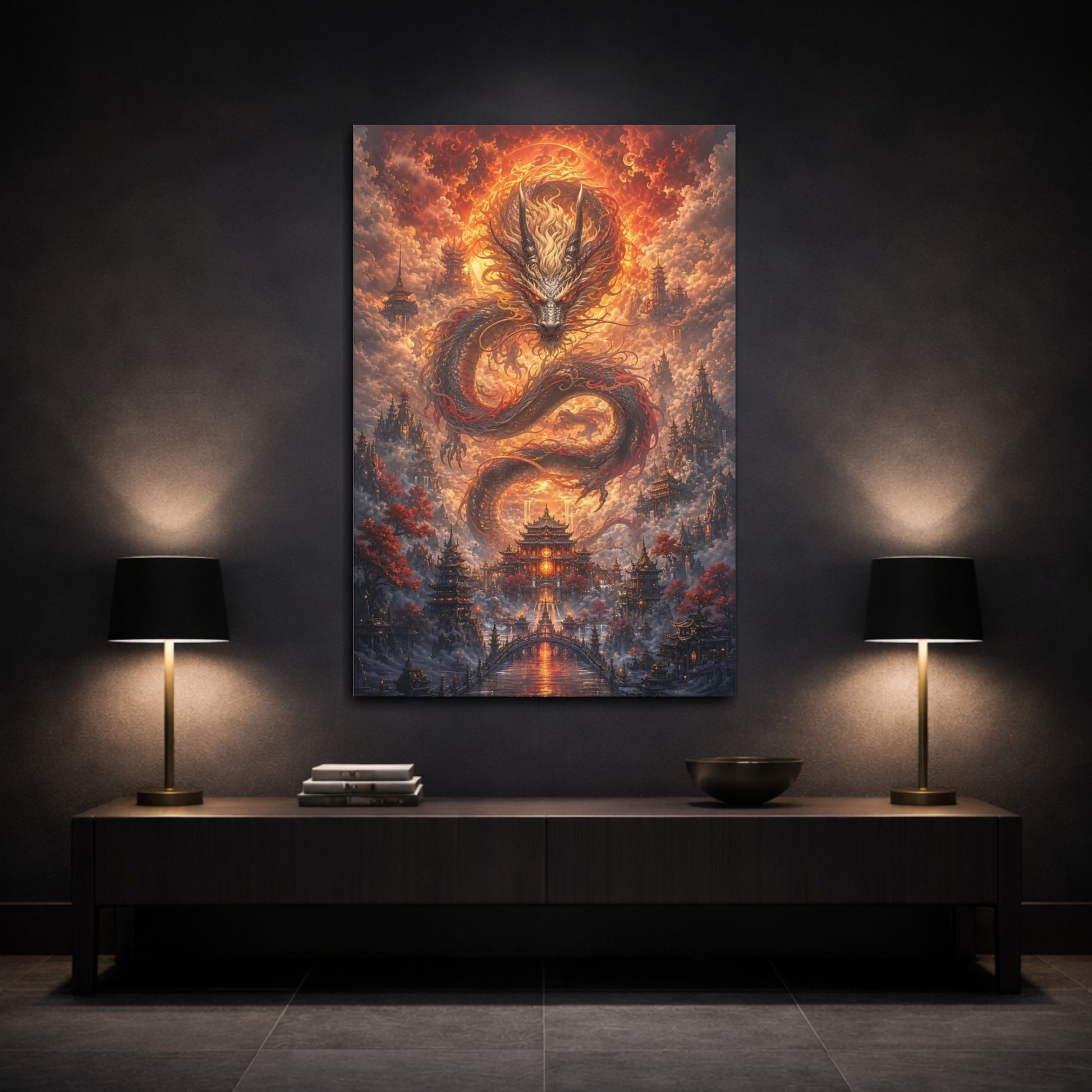 Mockup 3. Fairytale Dragon Orange Dragon City shown as stretched canvas wall art