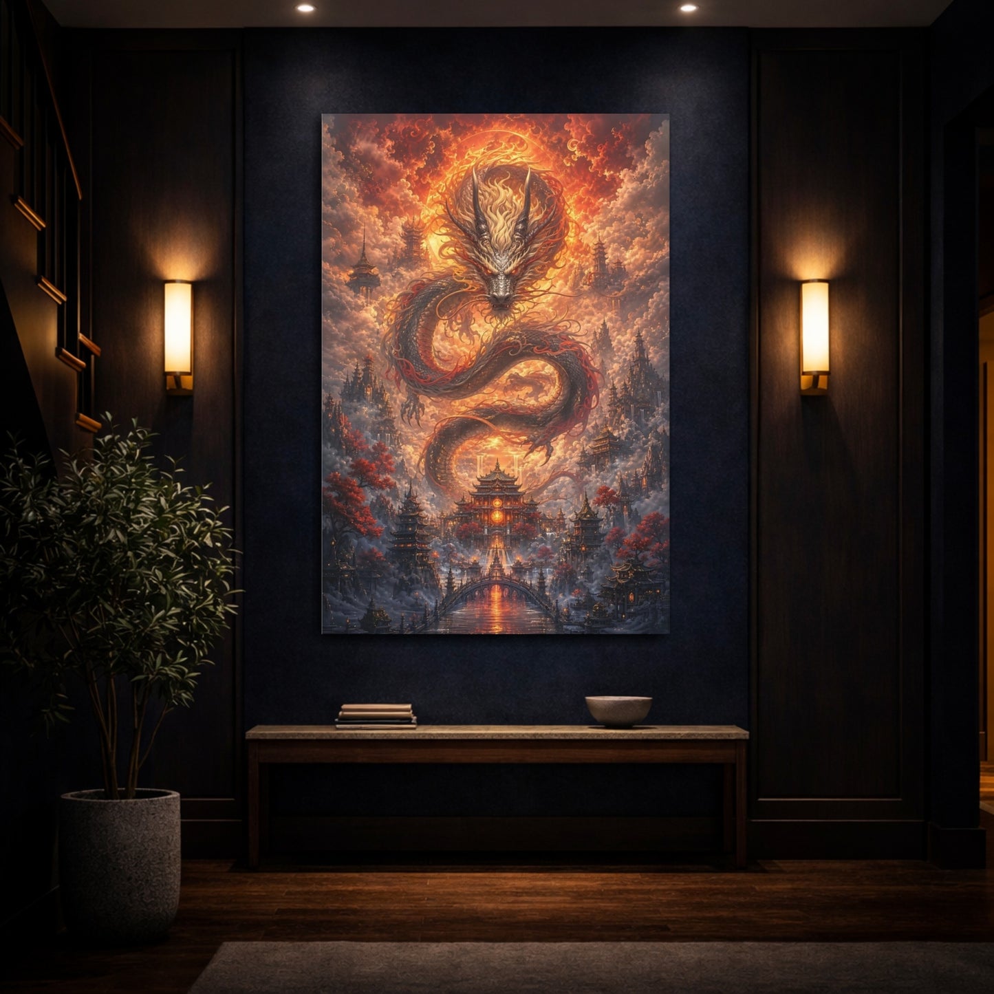 Mockup 4. Fairytale Dragon Orange Dragon City shown as stretched canvas wall art