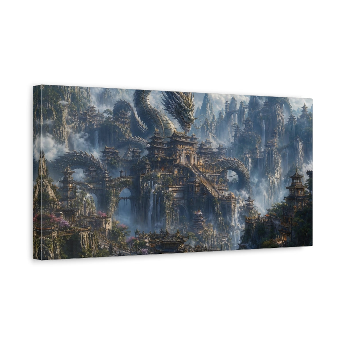 Side Mockup 3. Fairytale Dragon Temple Misty Dragon City shown as stretched canvas wall art