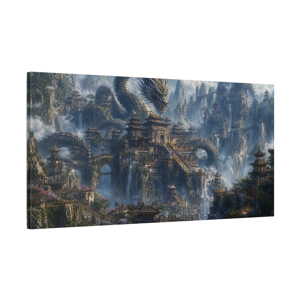Main Mockup. Fairytale Dragon Temple Misty Dragon City shown as stretched canvas wall art