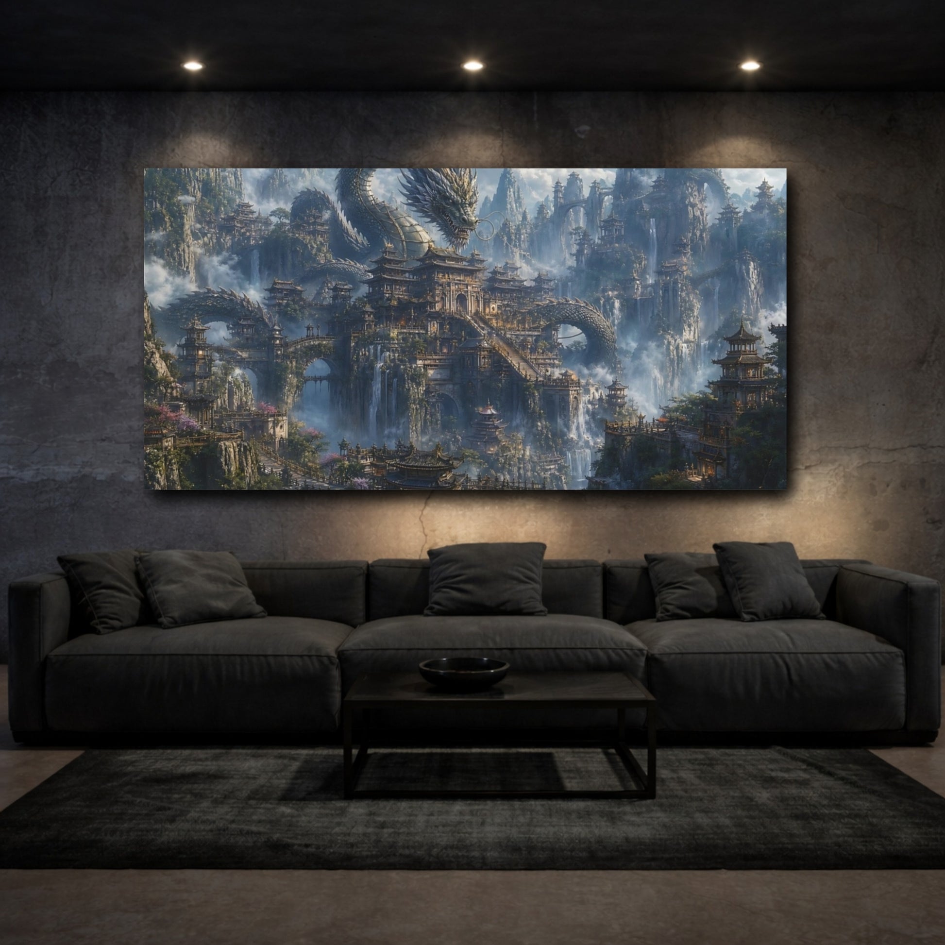 Mockup 2. Fairytale Dragon Temple Misty Dragon City shown as stretched canvas wall art