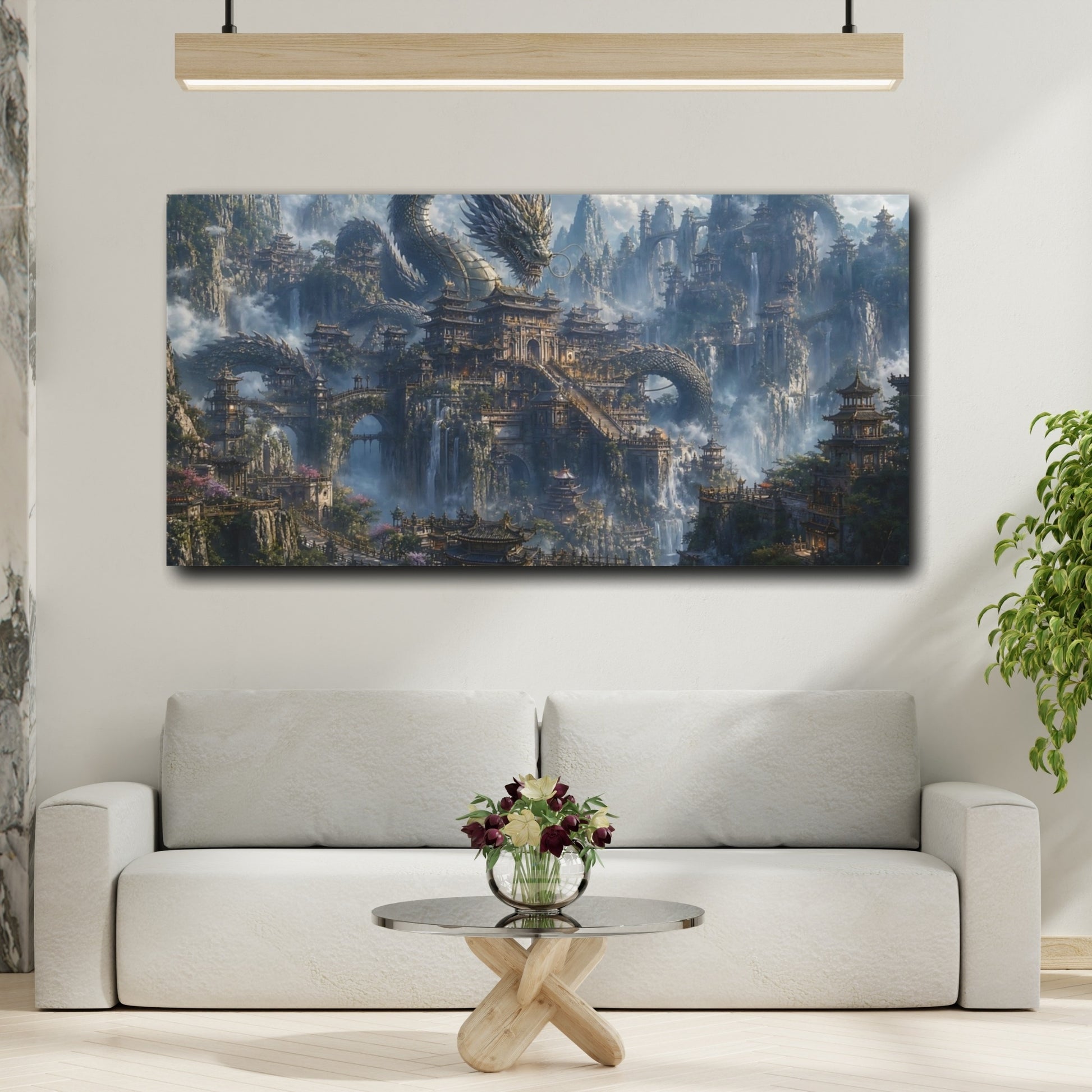 Mockup 3. Fairytale Dragon Temple Misty Dragon City shown as stretched canvas wall art