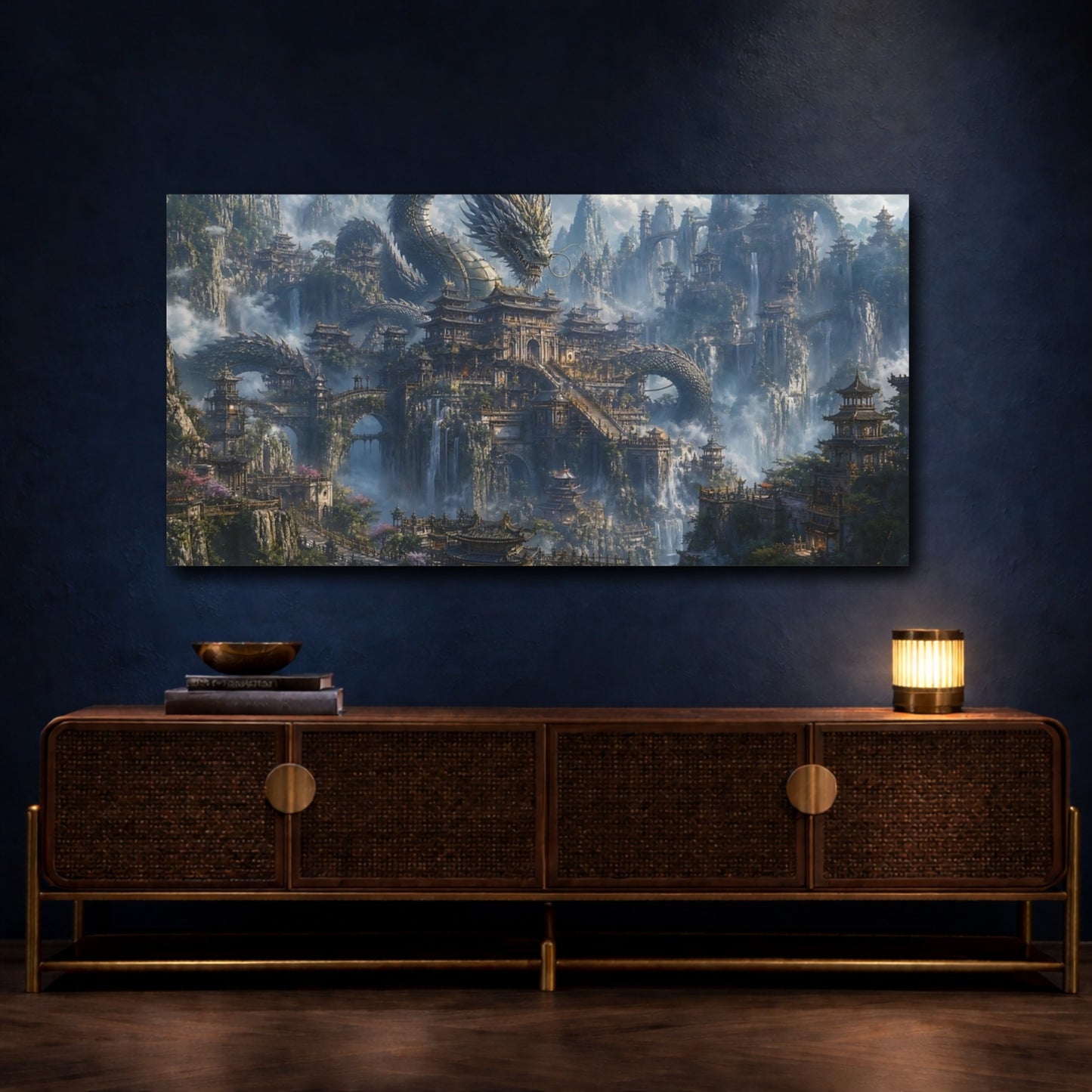 Mockup 4. Fairytale Dragon Temple Misty Dragon City shown as stretched canvas wall art