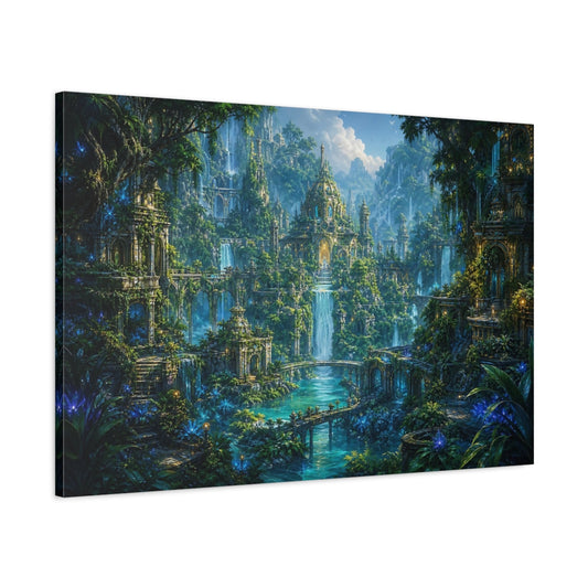 Main Mockup. Fairytale Elven Kingdom Enchanted Forest City shown as stretched canvas wall art