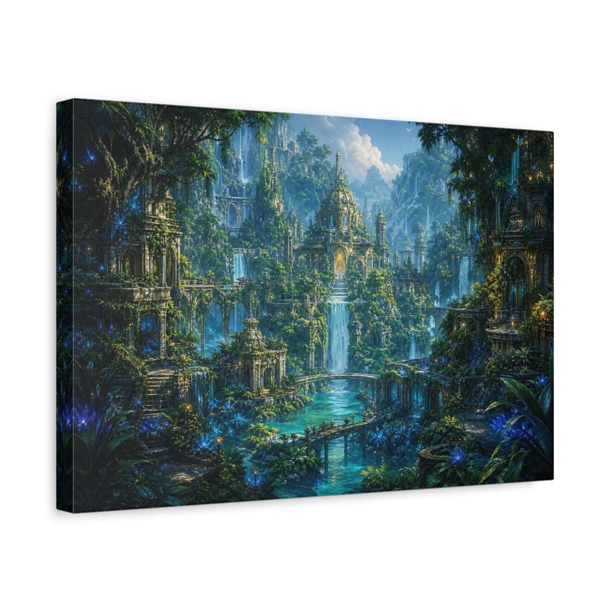 Side Mockup 4. Fairytale Elven Kingdom Enchanted Forest City shown as stretched canvas wall art
