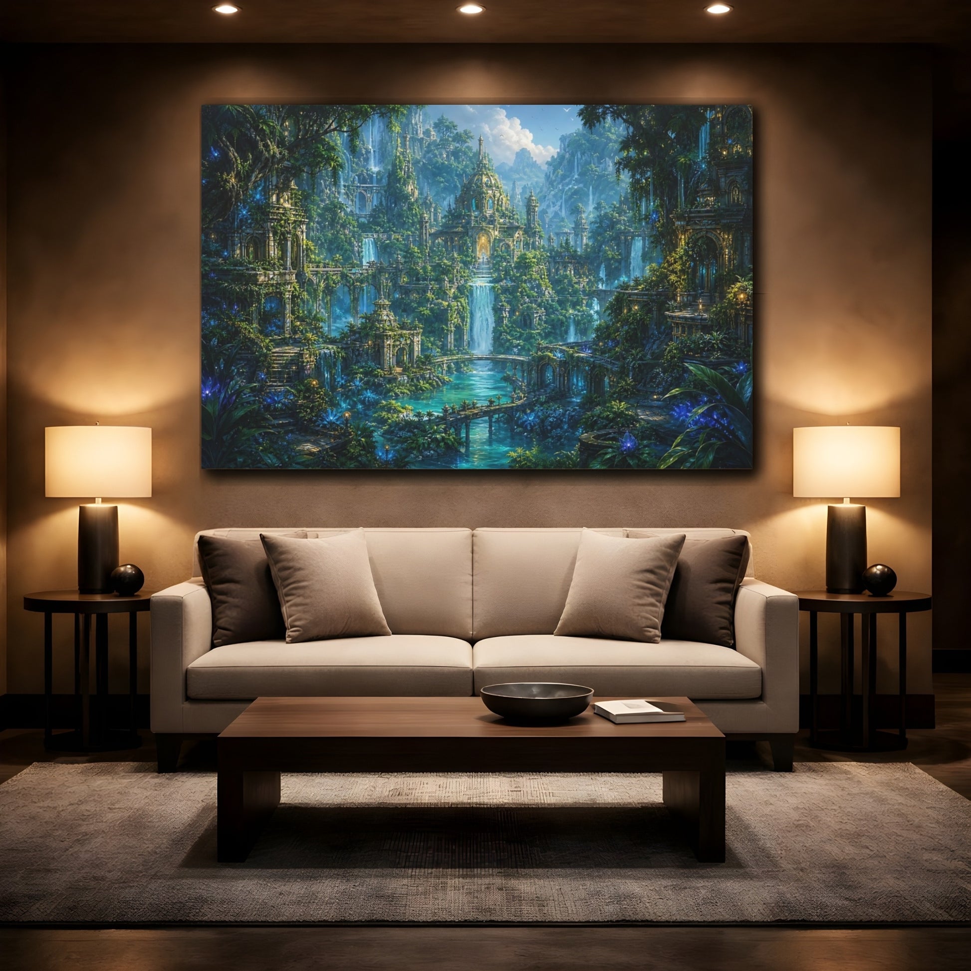 Mockup 2. Fairytale Elven Kingdom Enchanted Forest City shown as stretched canvas wall art