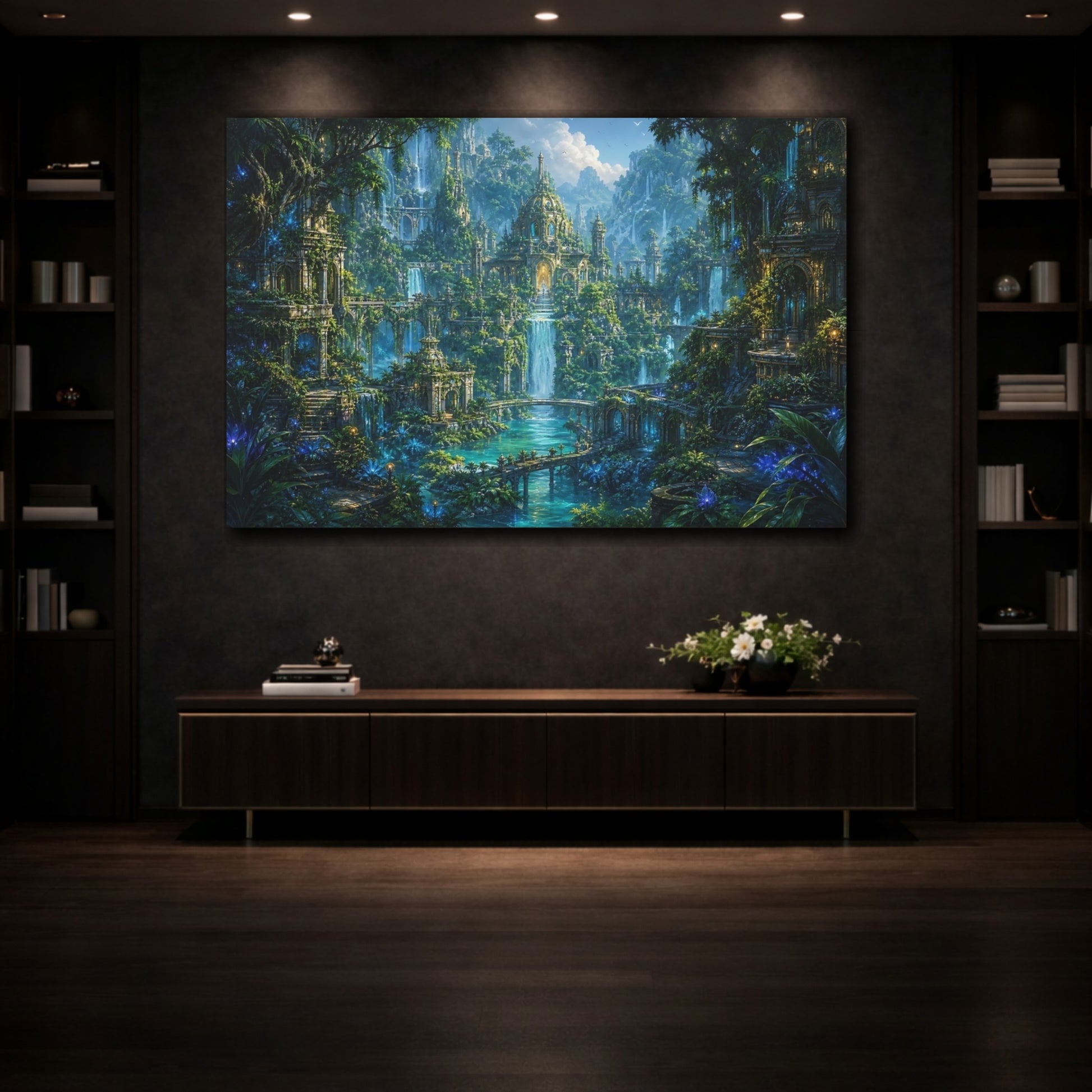 Mockup 3. Fairytale Elven Kingdom Enchanted Forest City shown as stretched canvas wall art
