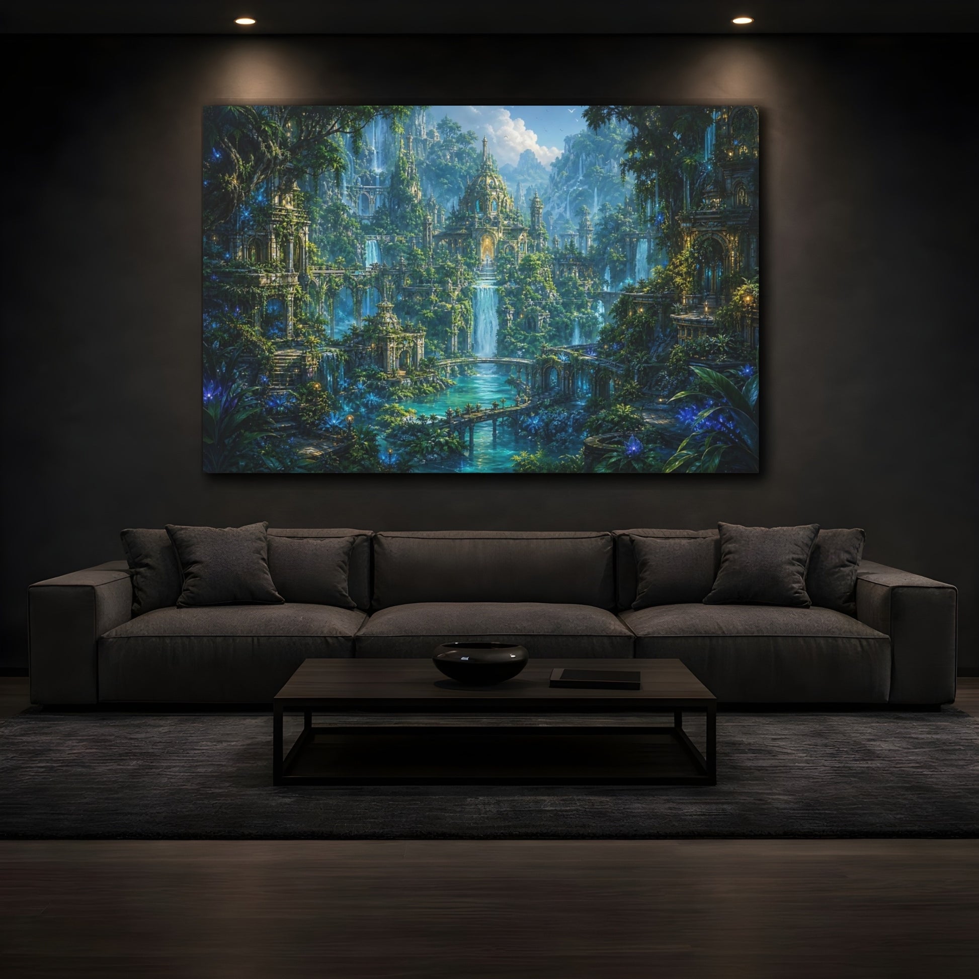 Mockup 4. Fairytale Elven Kingdom Enchanted Forest City shown as stretched canvas wall art